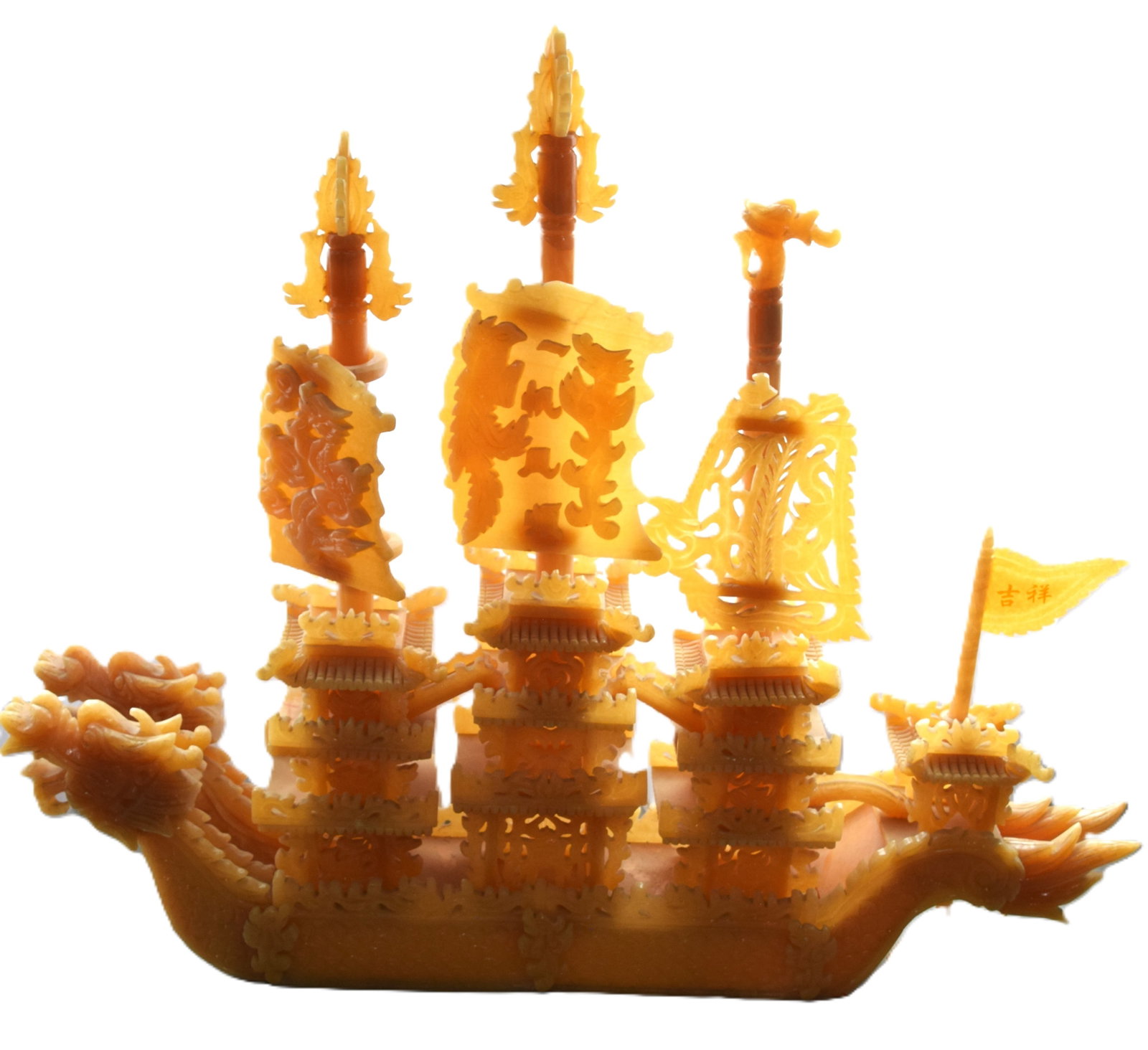 Honey Yellow Jade Royal Dragon Ship: A mid-20th century magnificent and large Chinese carved Honan honey yellow jade "Royal Dragon Ship". Intricately detailed, carved with dragons and full figural motives amidst traditional