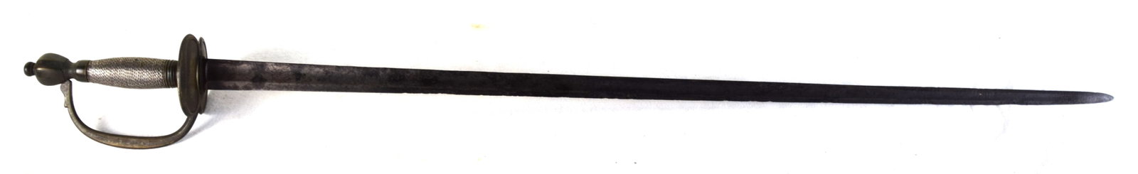 18th Century English Officer's Short Sword: Circa 1760 British officer's short sword with grip wrapped in silver wire, double shell brass guard with straight blade. Blade has typical English designs with lion, crown and coat of arms.