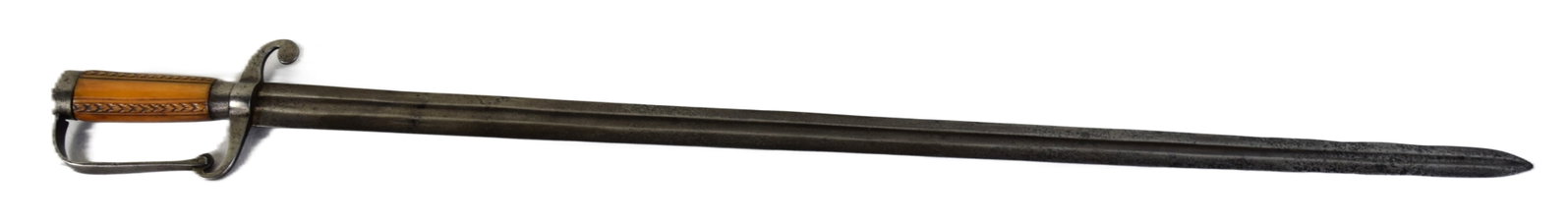 Early 18th Century Bone Handle Broadsword: Early 18th century broadsword with bone handle with vertical designs on one side, unique two piece guard and straight blade with full length fuller typical of early blades. Dimensions: 31.5" Blade,