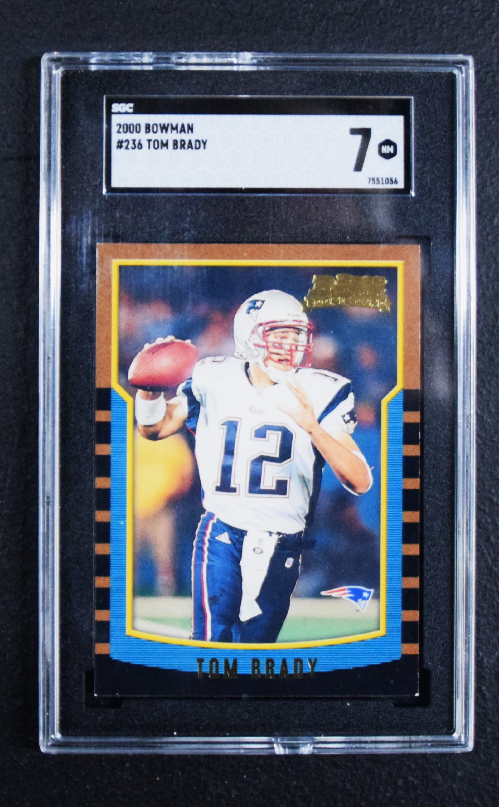 Tom Brady Bowman Rookie Card Graded 7: Bowman 2000 Tom Brady rookie card number 236, graded 7 by SGC
