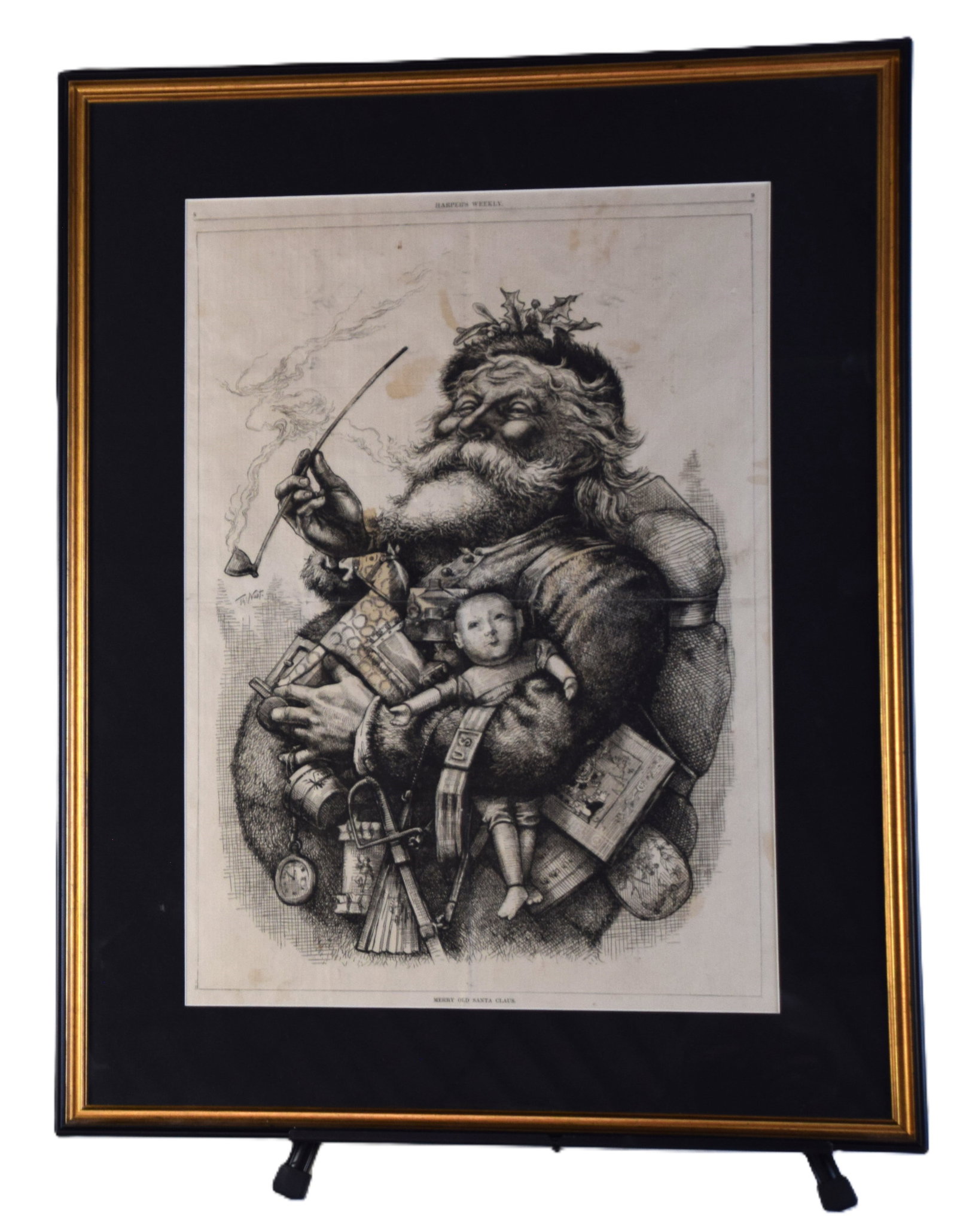 Thomas Nast Harpers Weekly Woodcut: Thomas Nast Harpers Weekly woodcut of his most famous image-"Merry Old Santa Claus". in a beautiful frame. The foremost political cartoonist of his time, the late 19th century, Thomas Nast