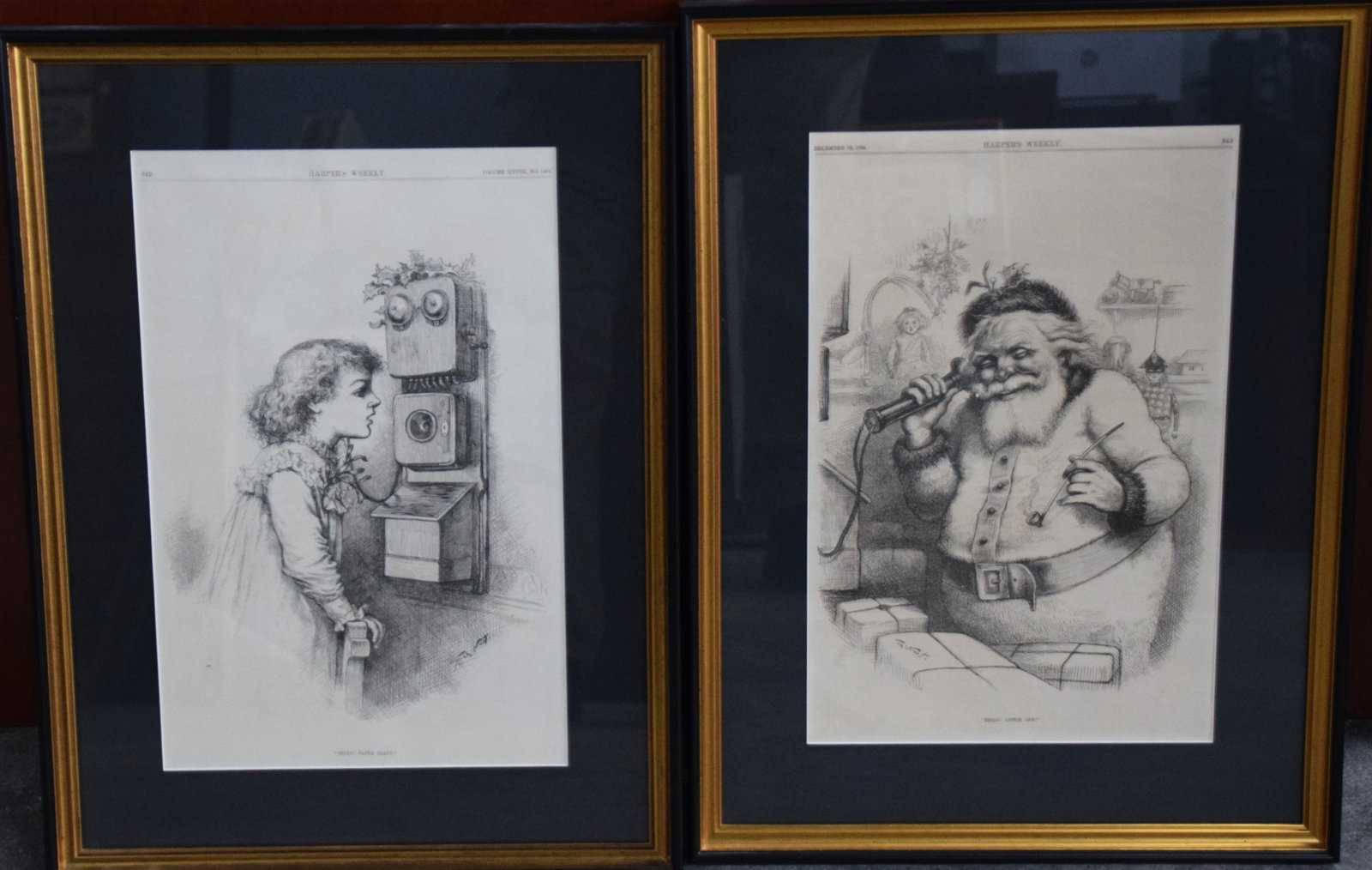 Two Thomas Nast Harpers Weekly Woodcut: Two framed Thomas Nast woodcuts form 1884 Harpers Weekly titled " Hello Santa Claus" and " Hello Little One" The foremost political cartoonist of his time, the late 19th century, Thomas Nast