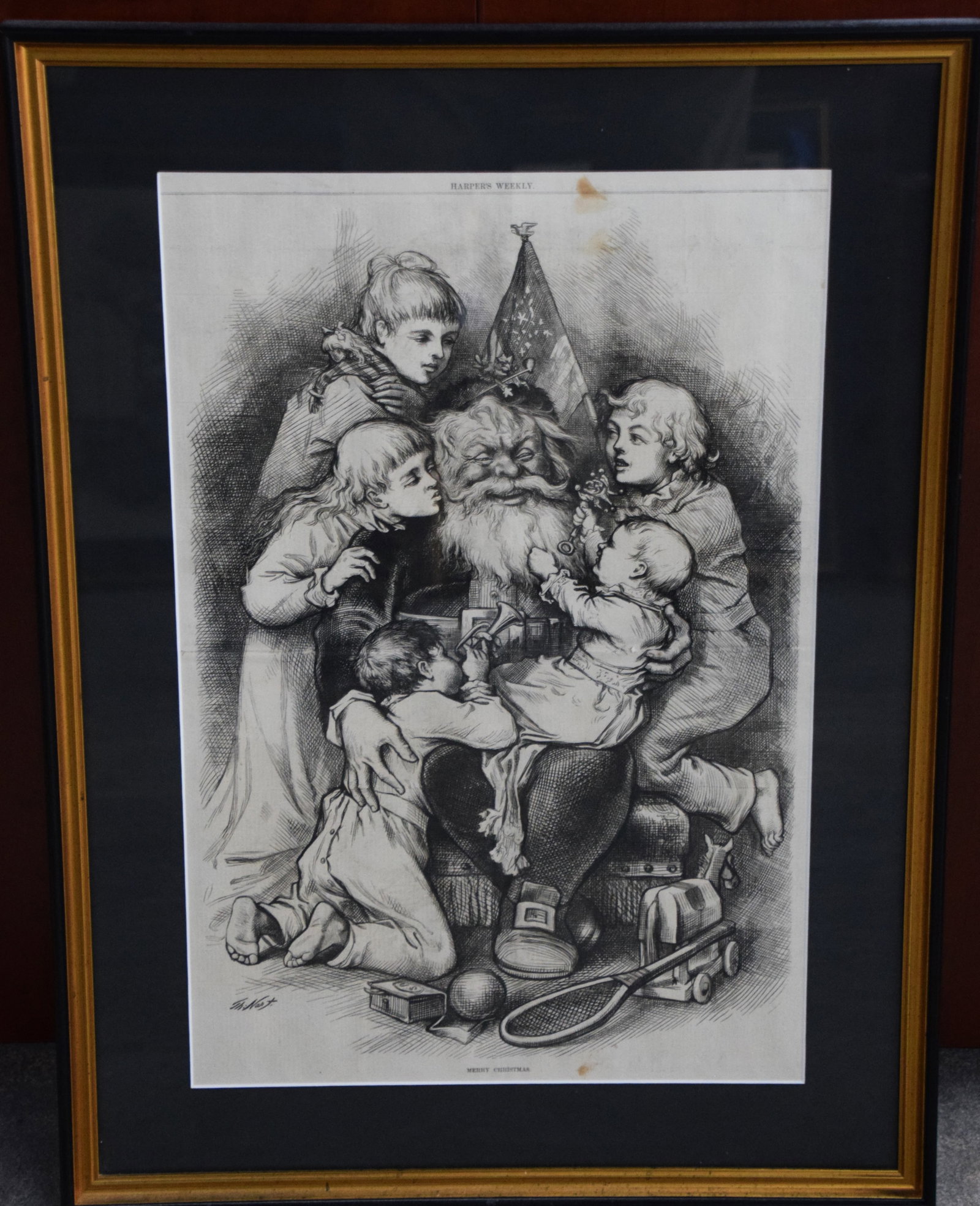 Thomas Nast Woodcut: Framed Thomas Nast woodcut, Harpers Weekly 19th Century titled "Merry Christmas". The foremost political cartoonist of his time, the late 19th century, Thomas Nast (1840-1902) was the creator of
