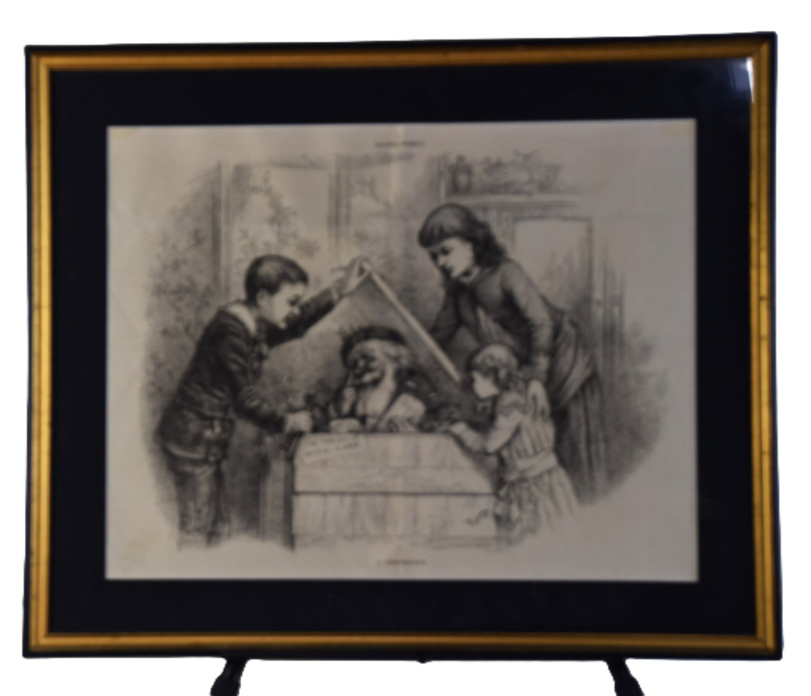 Thomas Nast Woodcut: Framed Thomas Nast woodcut, Harpers Weekly, 19th Century titled " A Christmas Box". The foremost political cartoonist of his time, the late 19th century, Thomas Nast (1840-1902) was the creator of