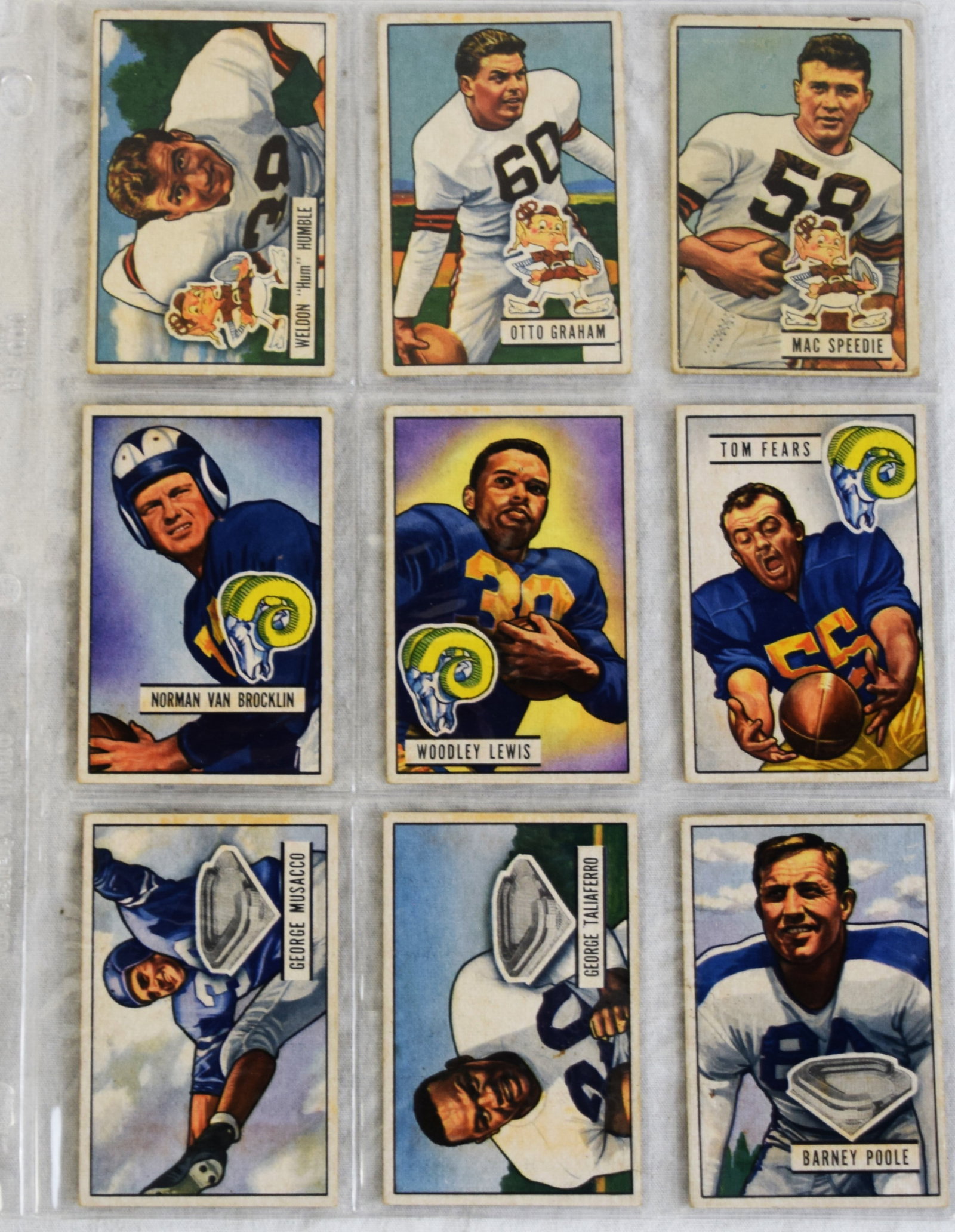 1951 Bowman Football Card Collection Plus Others: 1951 Bowman football cards numbers 1 through 144 to include Otto Graham #2, Norm Van Brocklin #4, Tom Lamdry #20 and Sammy Baugh #34. Also included are 75 cards of early college football players plus