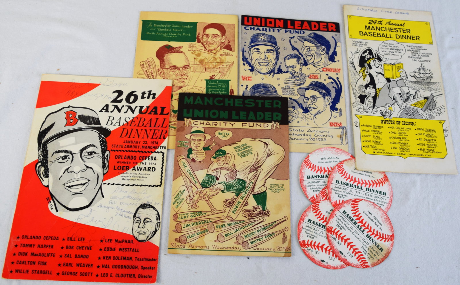 Union Leader Baseball Charity Dinner Programs With Signatures Including Jackie Robinson: Five Union Leader Charity Dinner Fund Programs with signatures including a 1953 signed by Jackie Robinson on back cover, 1954 program, 1957 program, 1971 program signed by Willie Stargell, Monte