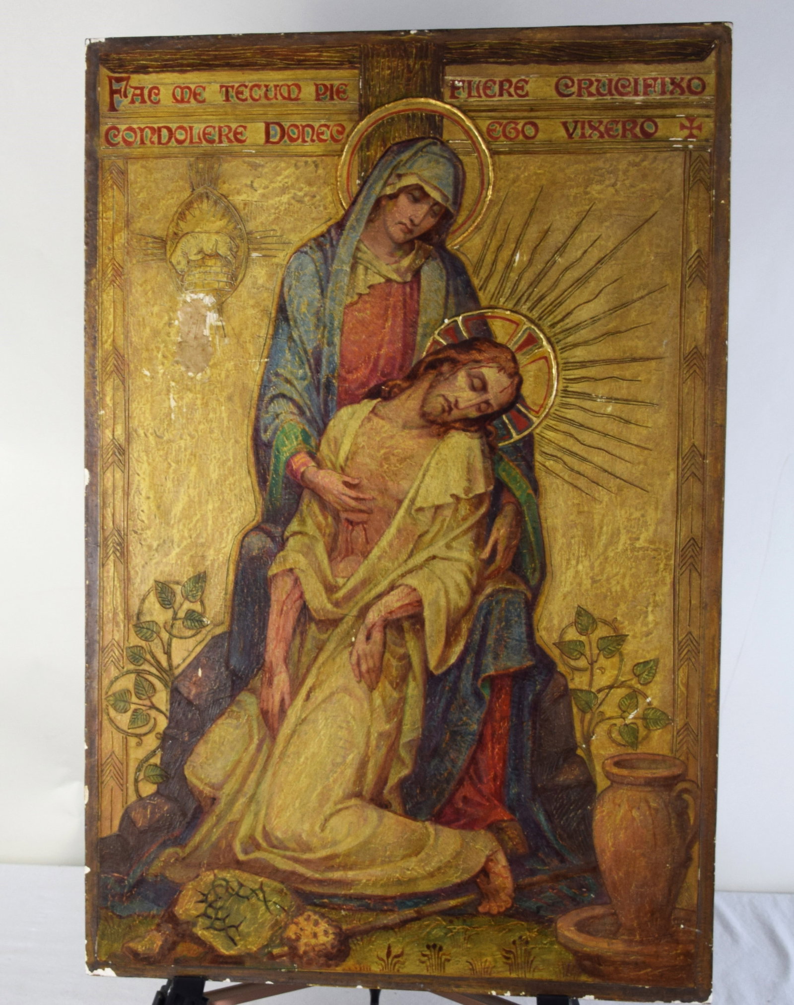 Charles Pendergast style Painting of Mary and Crucified Jesus: A painting of the Virgin Mary holding a crucified Jesus in tempera, gold leaf and pencil on incised gessoed panel in the style of Charles Pendergast. Charles Prendergast (1863-1948) was both a