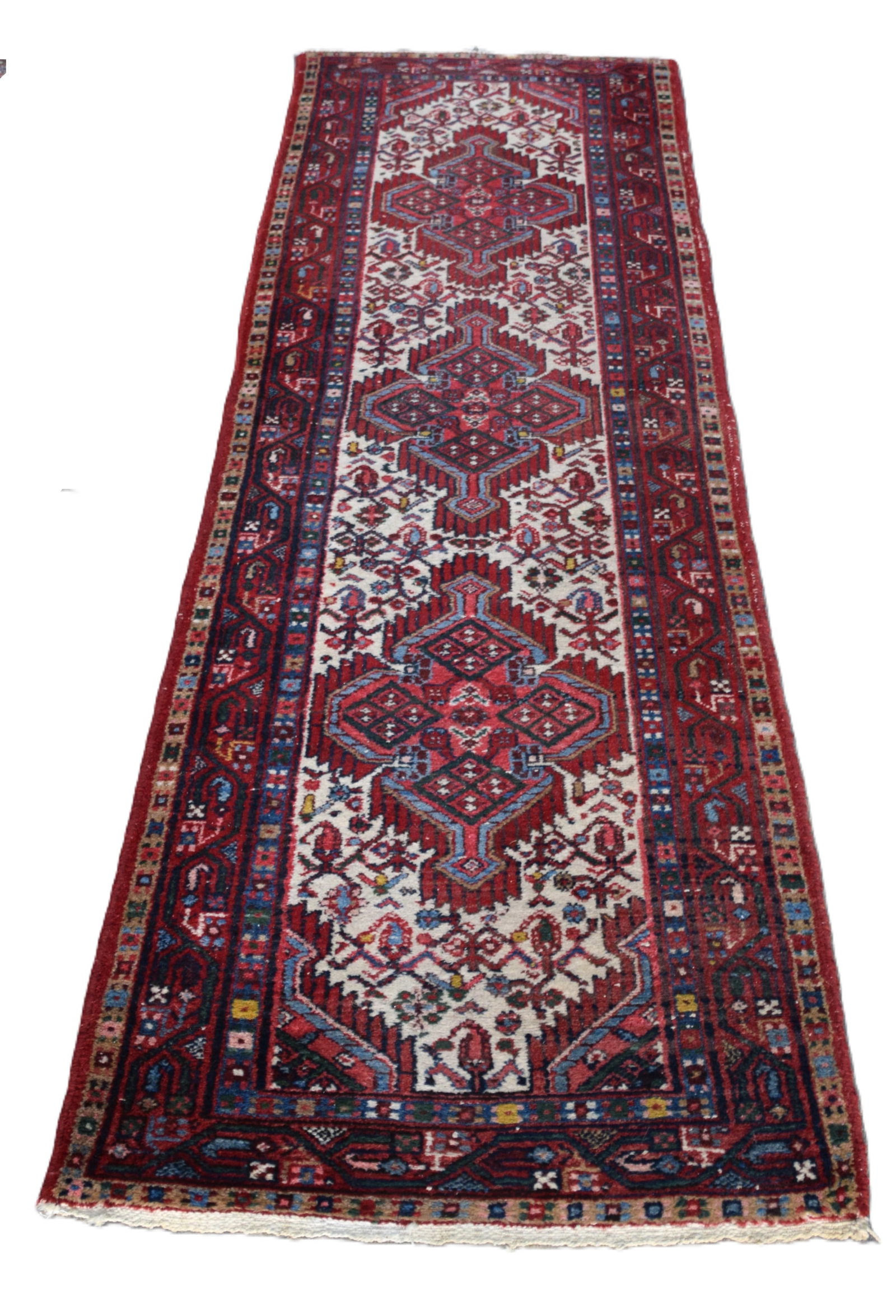 Oriental Runner: Fine oriental runner, multi-colored with 3 medallions, ivory and red colors, Persian with Arthur T. Gregorian label. From a New London NH home. Dimensions: 2'8" x 8'1"