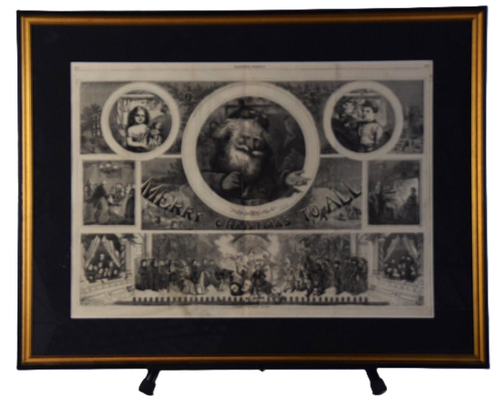 Thomas Nast Woodcut: Framed Thomas Nast woodcut, Harpers Weekly, 19th Century titled "Merry Christmas To All" depicting several pictural scenes including a Civil War-"Ulysses The Giant Killer "The foremost political