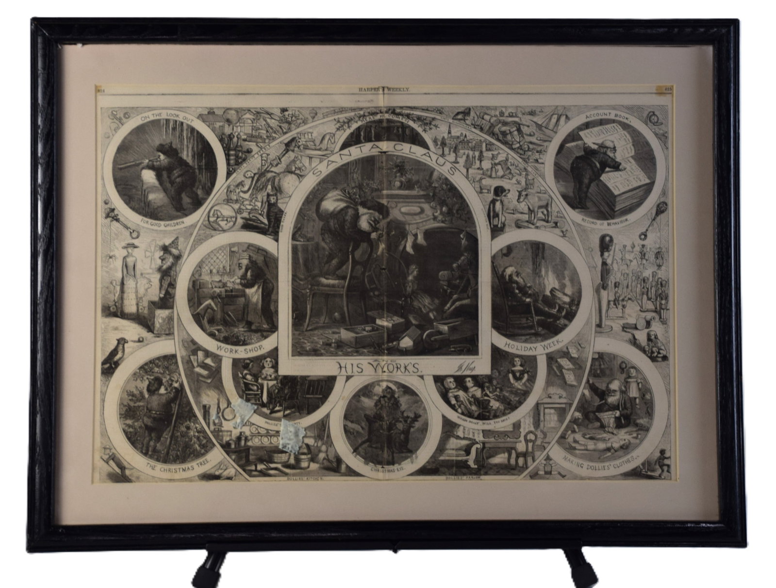 Thomas Nast Woodcut: Framed Thomas Nast woodcut, Harpers Weekly, 19th Century titled "Santa Claus His Workers" with several pictural scenes with captions. The foremost political cartoonist of his time, the late 19th