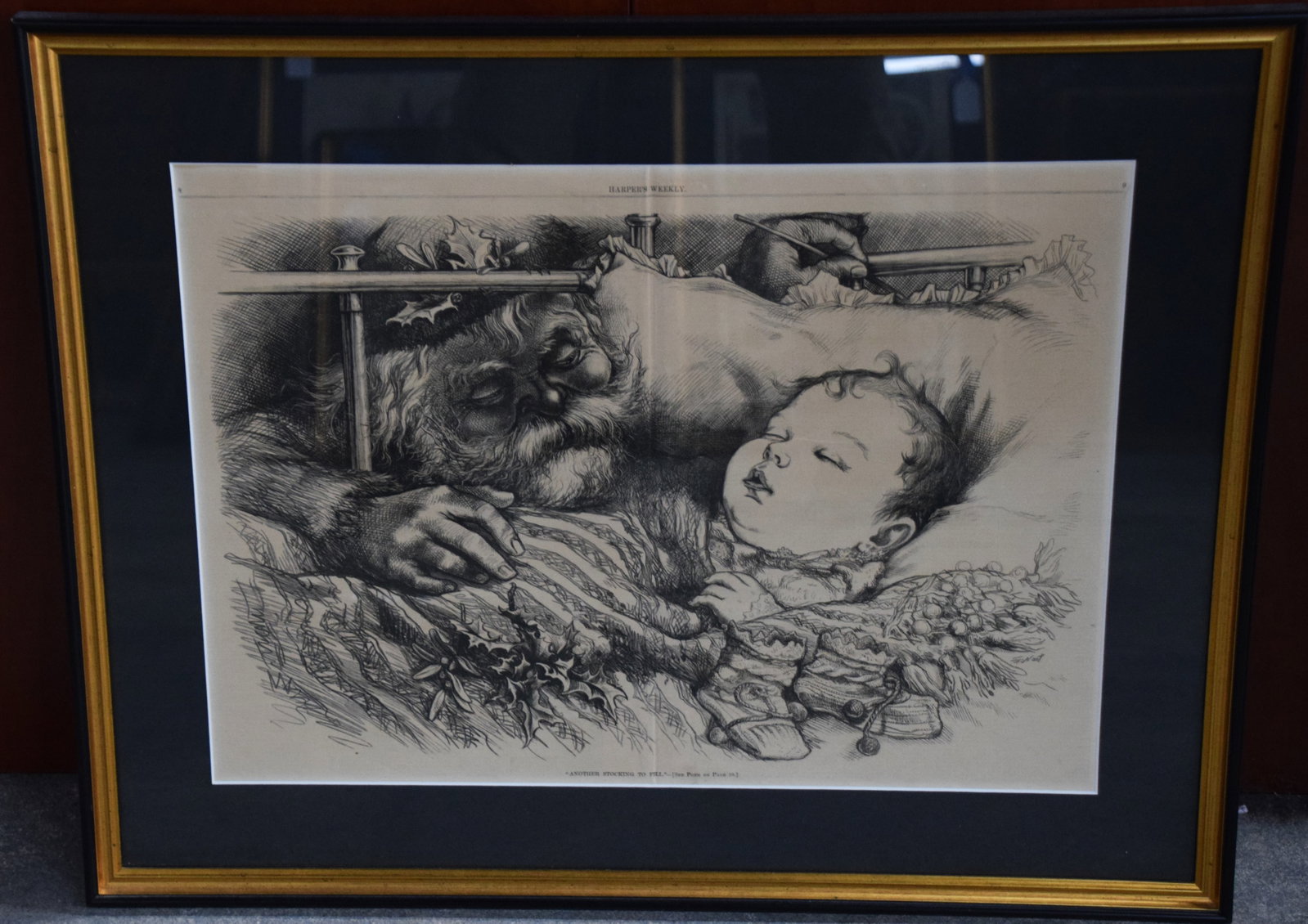 Thomas Nast Woodcut: Framed Thomas Nast woodcut, Harpers Weekly, 19th Century titled "Another Stocking To Fill". The foremost political cartoonist of his time, the late 19th century, Thomas Nast (1840-1902) was the