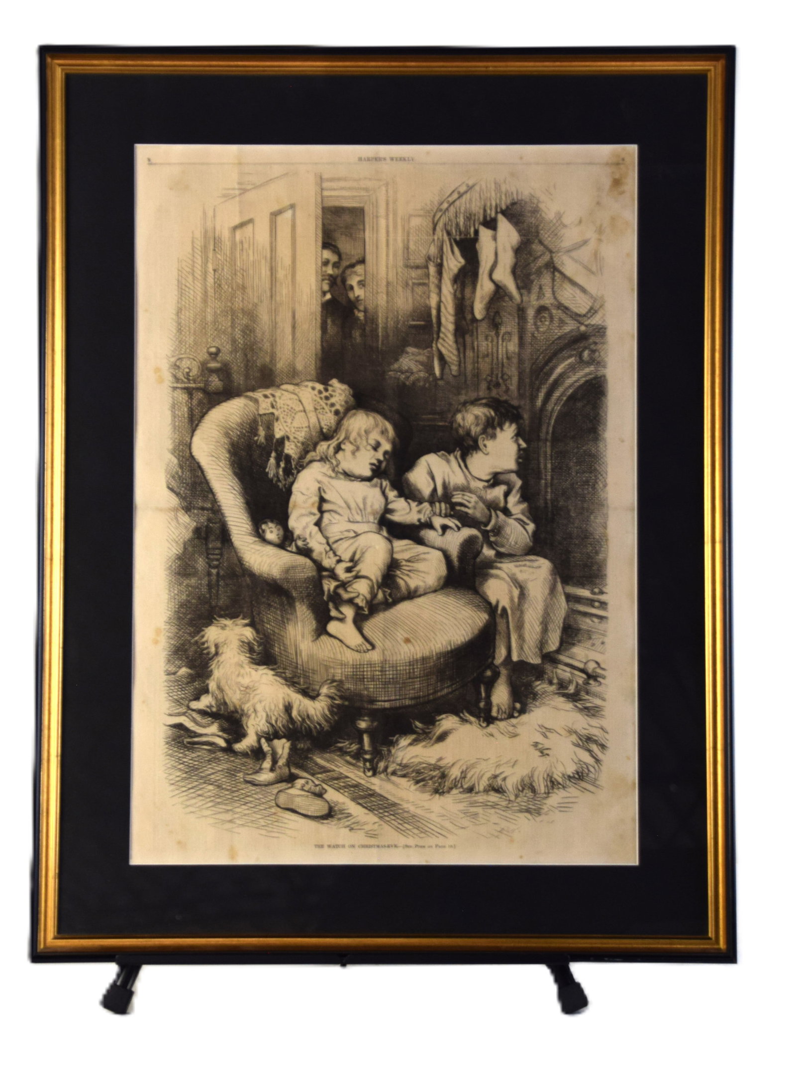 Thomas Nast Woodcut: Framed Thomas Nast woodcut, Harpers Weekly, 19th Century titled "The Watch On Christmas Eve". The foremost political cartoonist of his time, the late 19th century, Thomas Nast (1840-1902) was the