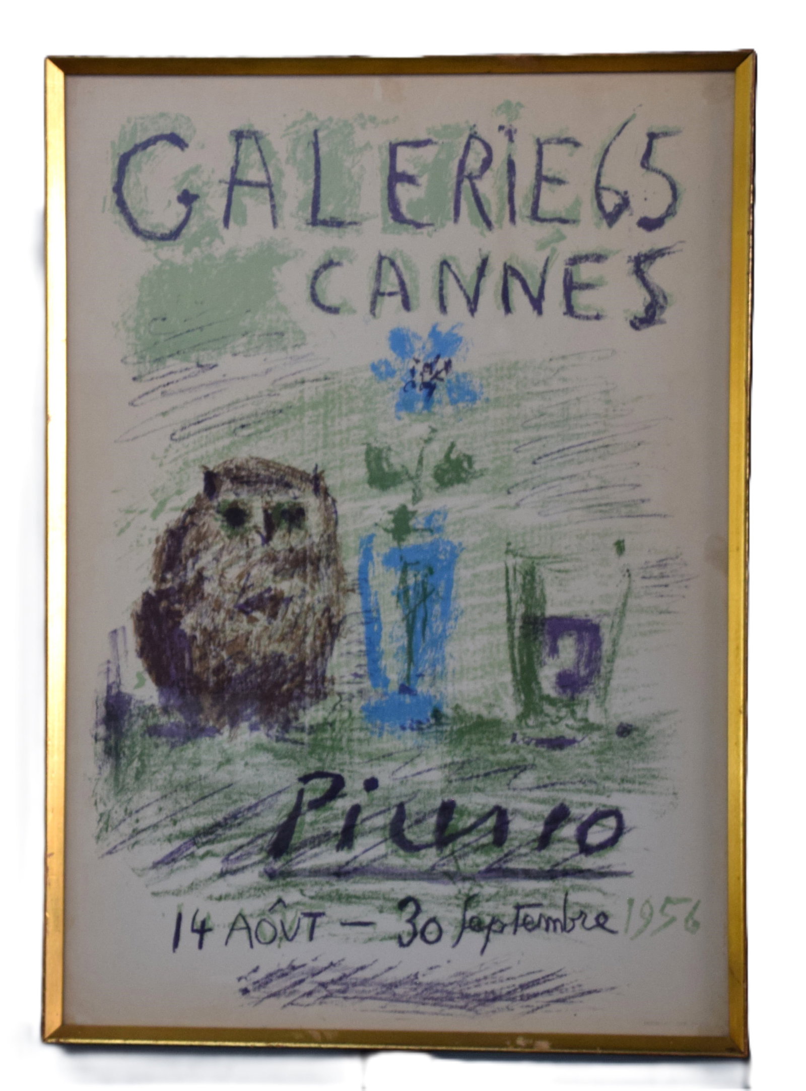 Original 1956 Framed Picasso Cannes Poster: Framed original 1956 poster "Galerie 65 Cannes -Picasso, 14 Aout-30 Septembre 1956". During the late 1940's and throughout the 1950's, Picasso created a series of posters at the atelier of Mourlot