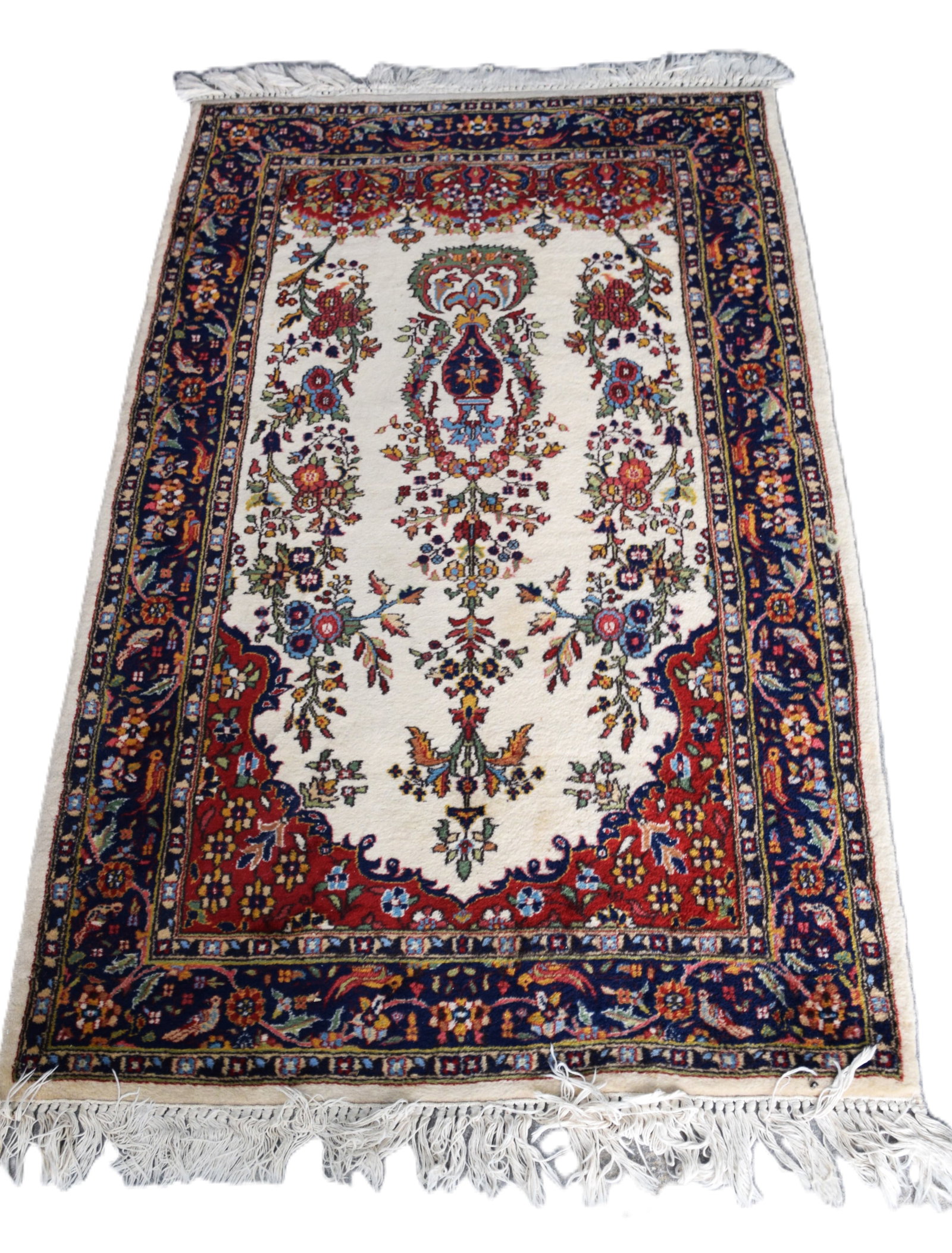 Oriental Scatter Rug: Oriental scatter rug, multi-color and multi-designs, ivory center field with blue and red colors, floral and other designs, good thick pile. Dimensions: 3' 1" x 5'4"