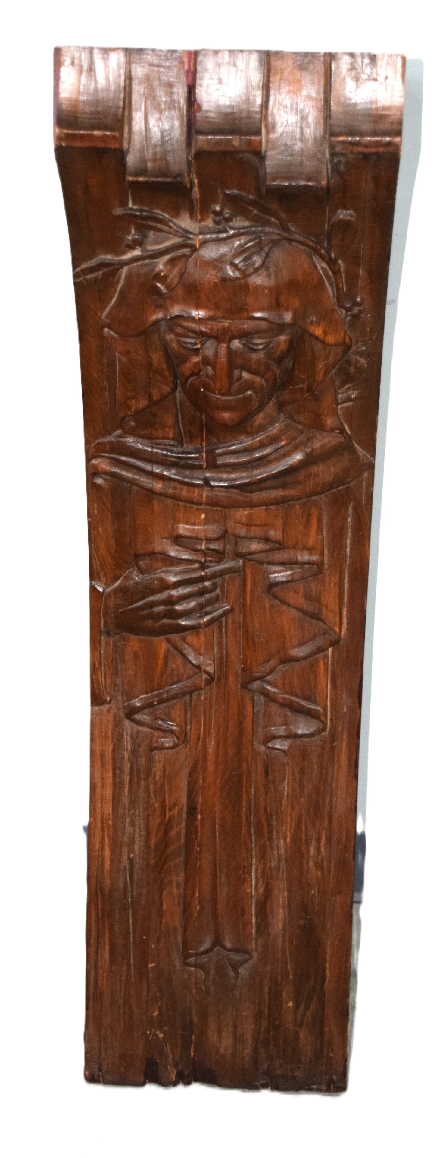Antique Carved Wooden Monk: Antique Victorian carved wooden monk used as a support pillar in a European church. Great detail with plant vines and finally carved face and hand. Dimensions: 45" H x 12" W