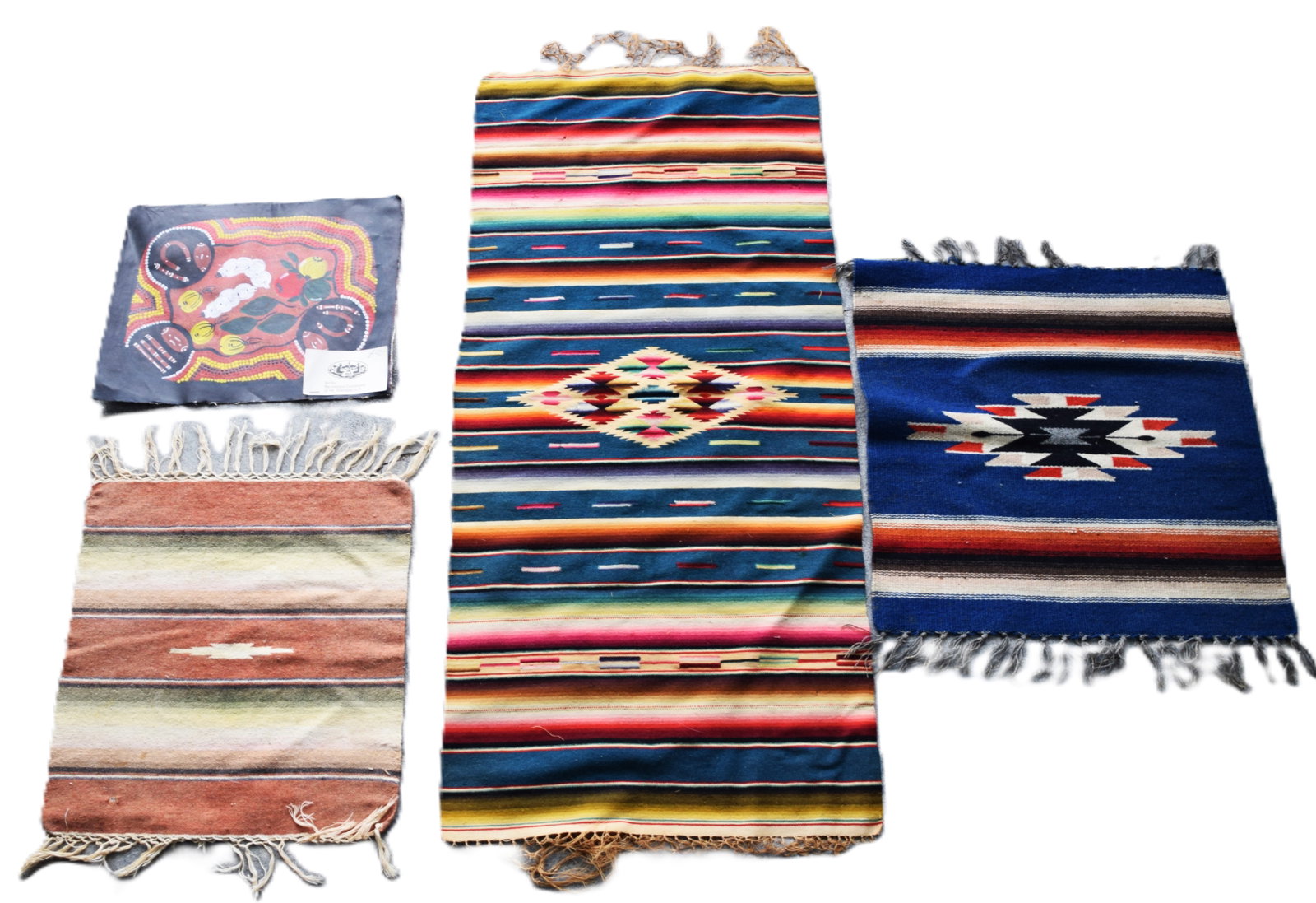 Four Indian Rugs: Four Indian rugs with stripes and other designs along with one canvas art by the Imanpa Community of Mt Ebenezer N.T. Dimensions: 12" x 15", 17" x 15", 20" x 18". 14" x 41"