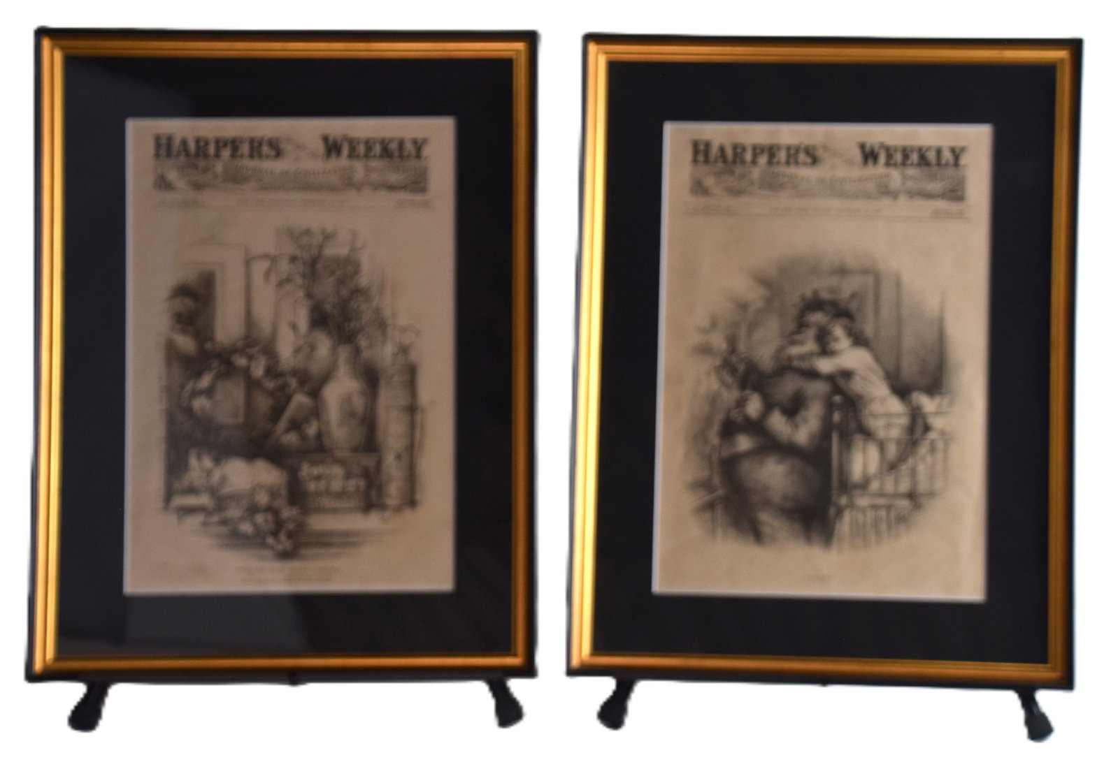 Two Thomas Nast Woodcuts: Two framed Thomas Nast woodcut, Harpers Weekly, 19th Century titled "Caught" and "Twas The Night Before Christmas". The foremost political cartoonist of his time, the late 19th century, Thomas Nast