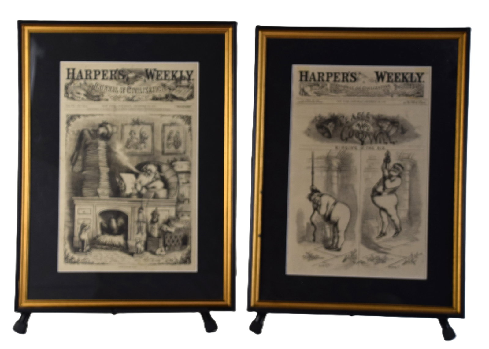 Two Thomas Nast Woodcuts: Two framed Thomas Nast woodcut, Harpers Weekly, 19th Century titled "Santa Claus Mail" and "Peace and Goodwill". The foremost political cartoonist of his time, the late 19th century, Thomas Nast