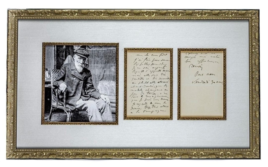 Extremely Rare Original 2-Page Autograph letter written by Pierre-Auguste Renoir: Framed rare autograph letter signed in French, signed ?Renoir,? two off-white pages on two adjoining sheets which have been separated for display purposes, circa 1900. There is a portrait of Renoir