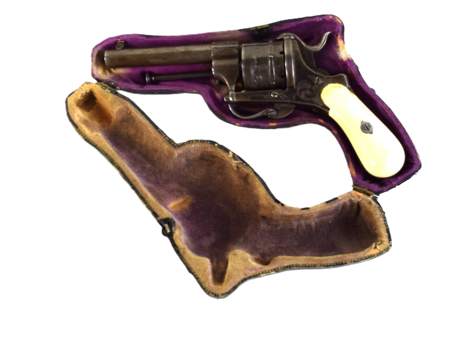 Rare Boxed Belgian Pin Fire Pistol: Rare boxed with an original leather case, Belgian pin-fire 6 shot revolver, circa 1860s. There are floral patterns on drum and ivory handle. The drum is marked with the E / L G / * in an Oval proof.