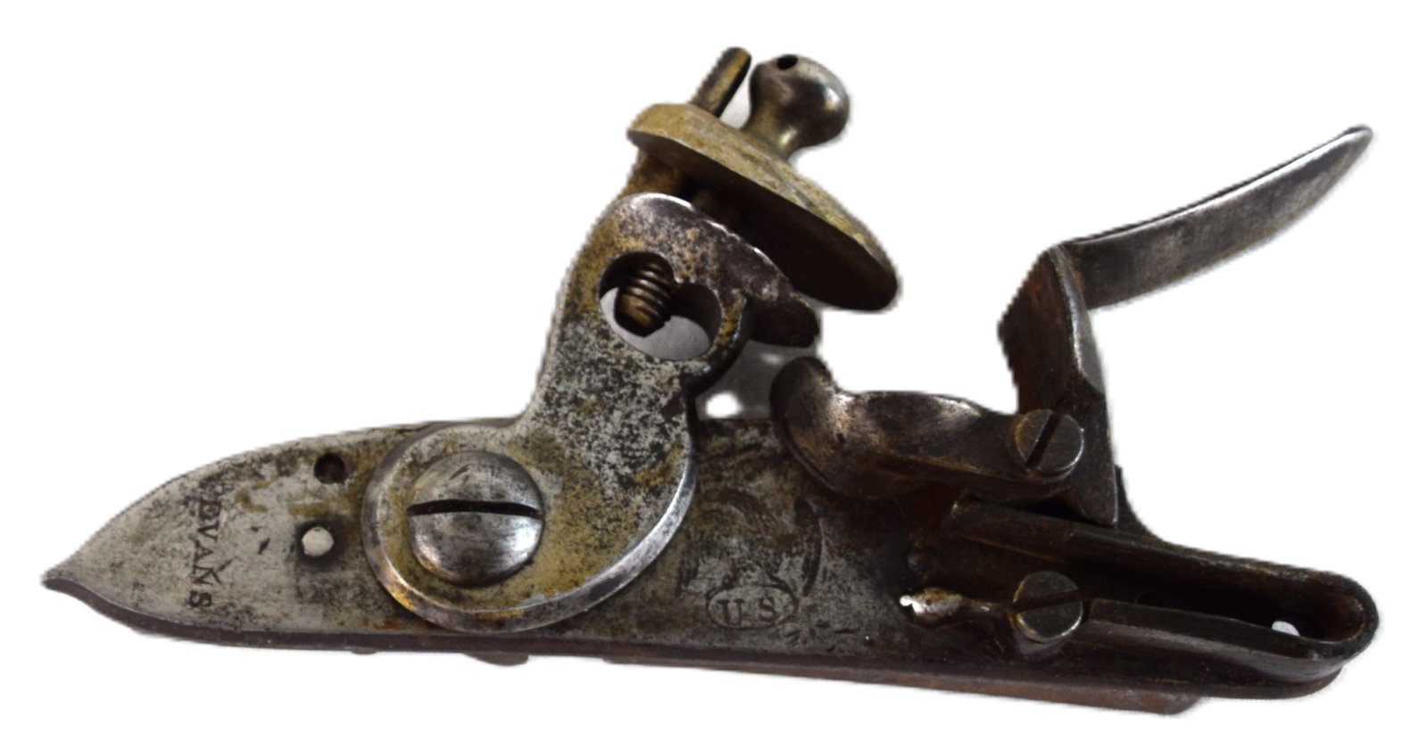 1808 Contract Lock And Trigger Plate By Evans: 1808 Harpers Ferry pattern lock and trigger plate by Owen and Edward Scarce Evans of Montgomery Pennsylvania. Approximately 2,128 delivered from a contract of 4000. Marked Evans in small letters