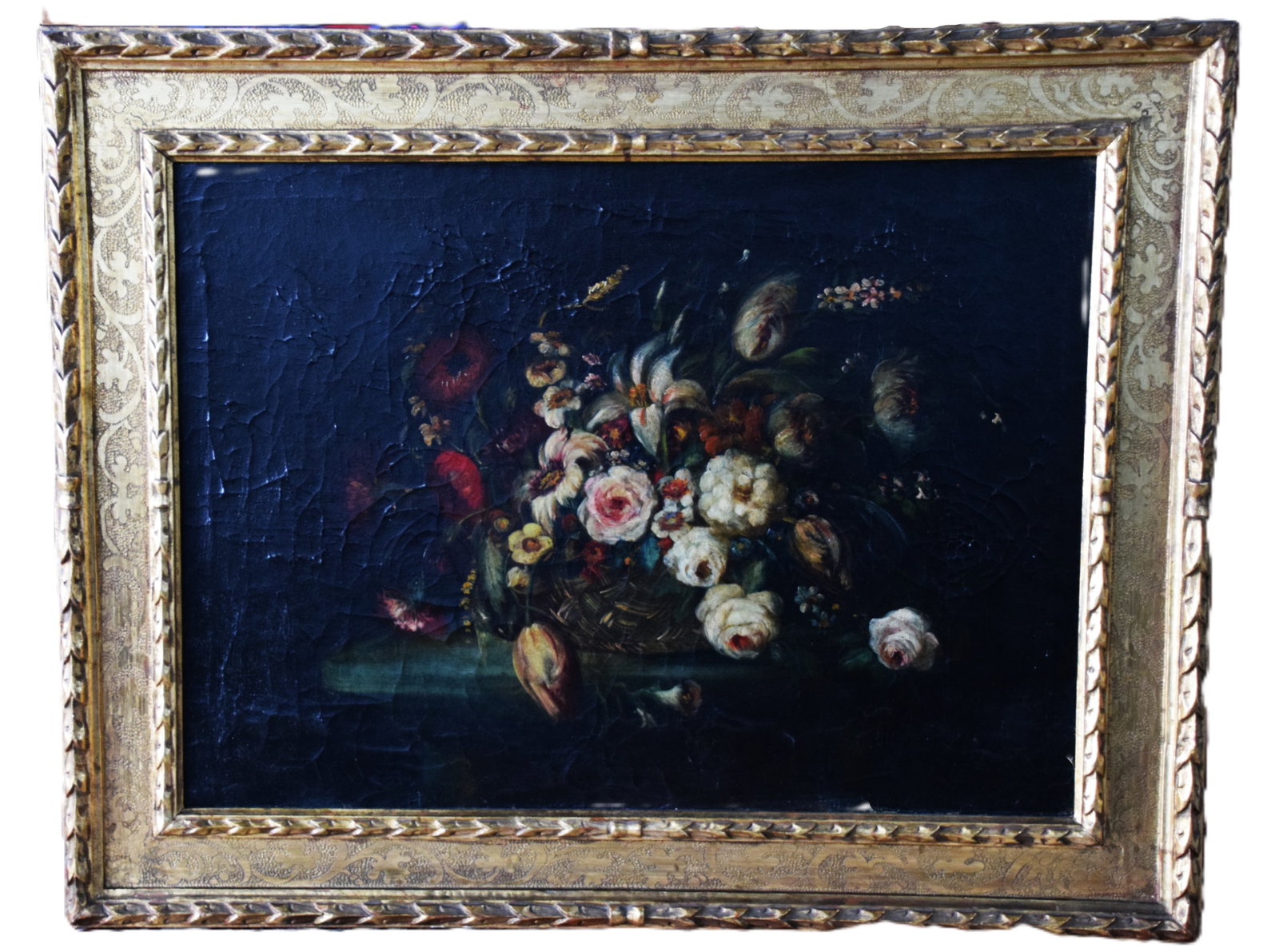 19th Century Italian Still Life: 19th Century Italian still life of flowers with a wonderful original frame purchased at a NY gallery mid twentieth century. Dimensions: 23" 32" Image size, 32" 40" Overall