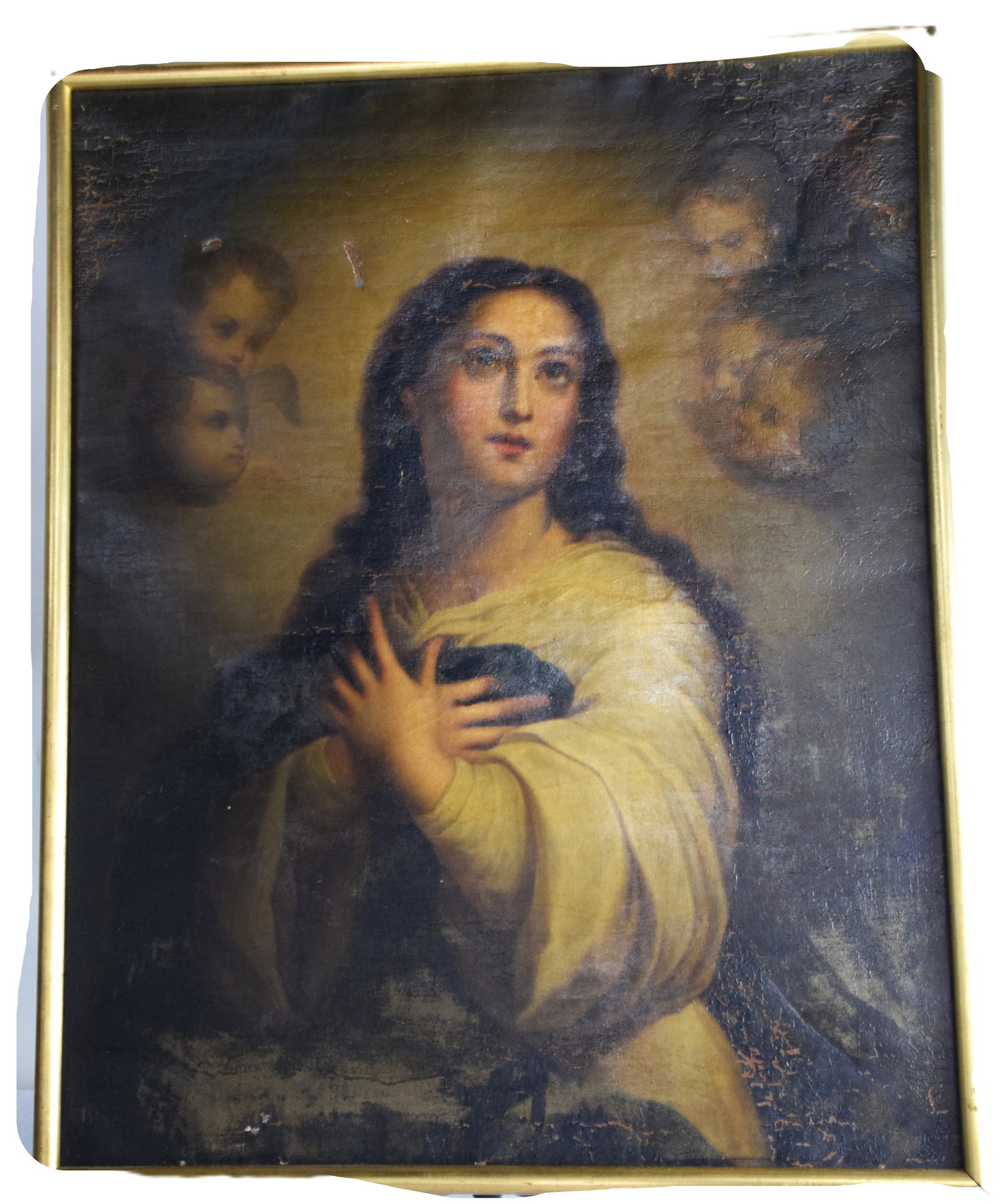Old Master Copy Of The Virgin Mary: Oil on canvas painting of the Virgin Mary surrounded by five angels circa 18th Century. Dimensions: 37" x 30" Overall