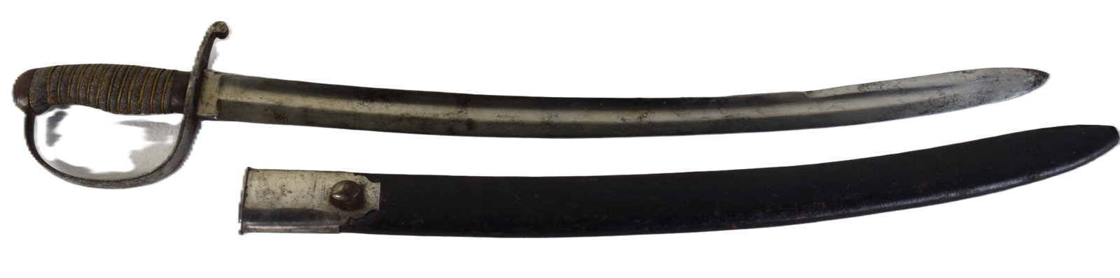 1850s Fireman's Cutlas: Circa 1850s fireman's cutlass with scabbard with iron bow guard, shark skin grip with wire wrap. Dimensions: 24" Blade, 29" Overall
