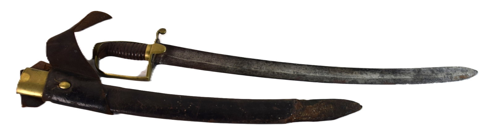 Early 19th Century Cutlass: A brass hilt 19th century cutlass with brass D guard with wooden grip and scabbard. Dimensions: 24" Blade, 28.5" Overall