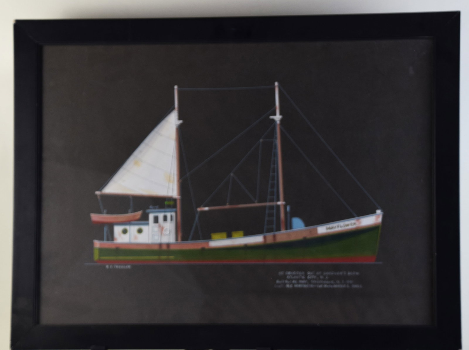 Watercolor Of The Sailboat Mayflower: Framed watercolor on black paper of the 65 foot Dragger, Mayflower, by R.F. Trexler, signed lower left. The Mayflower was built in 1941 out of Gardners' Basin, Atlantic City NJ. Jeff R. Trexler of Tre
