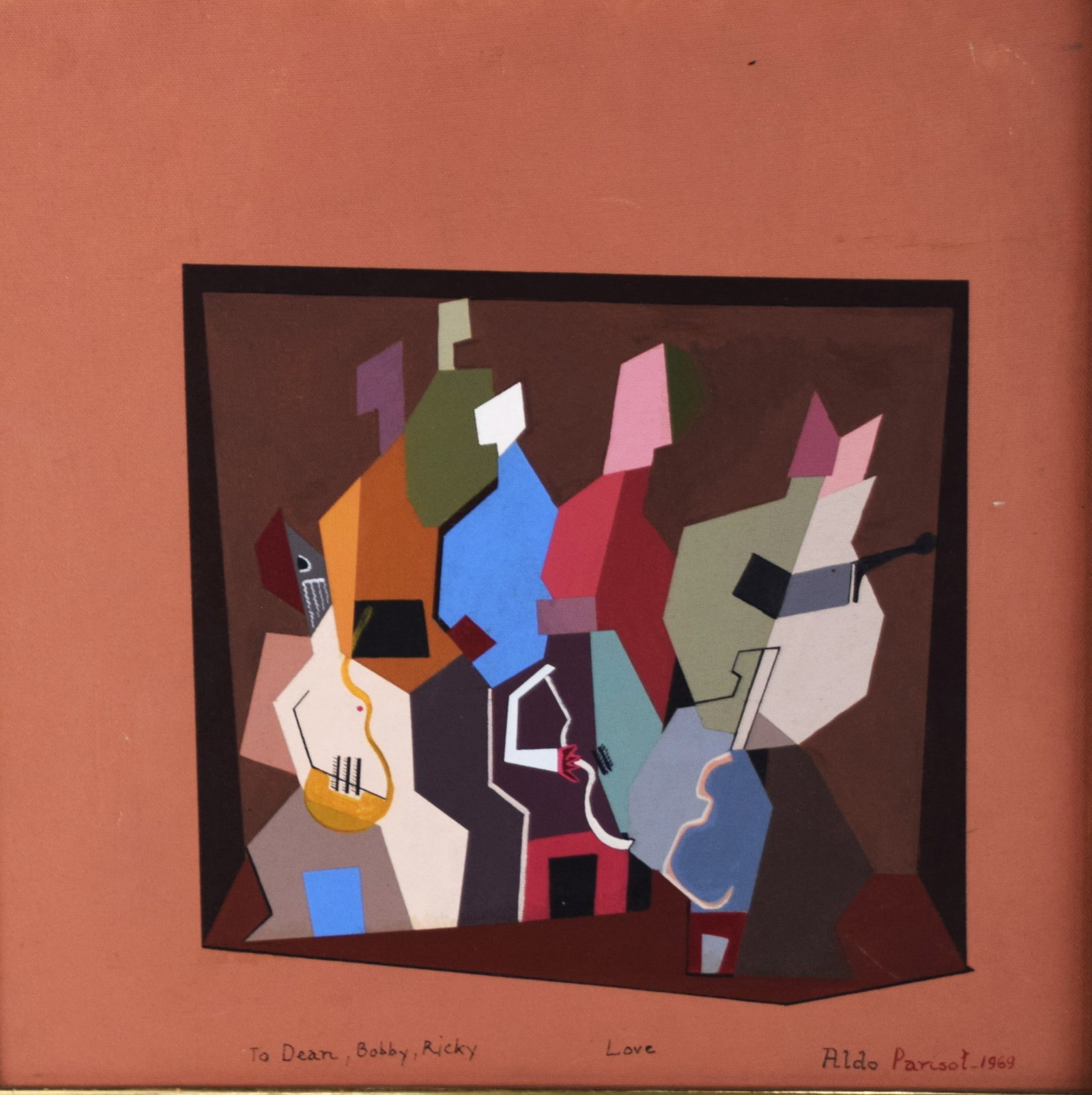 Adriano Parisot abstract artwork: Framed and signed Parisot abstract acrylic on board of colorful geometric shapes. Signed To Dean, Bobby, Ricky, Parisot 1969. Adriano Parisot (1912-2004), an Italian painter from Turin known for his g