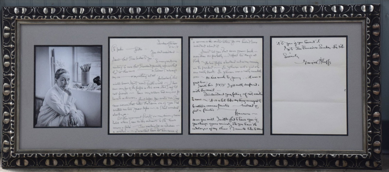 Georgia O'Keefe Autograph Letter Signed on Being a "Woman Painter": Framed photograph of Georgia O'Keeffe along with a letter composed on 21 February 1971 and latter 5 March 1971 to "Jackie" and signed clearly on page 3. Handwritten letter to "Jackie," in part: "So