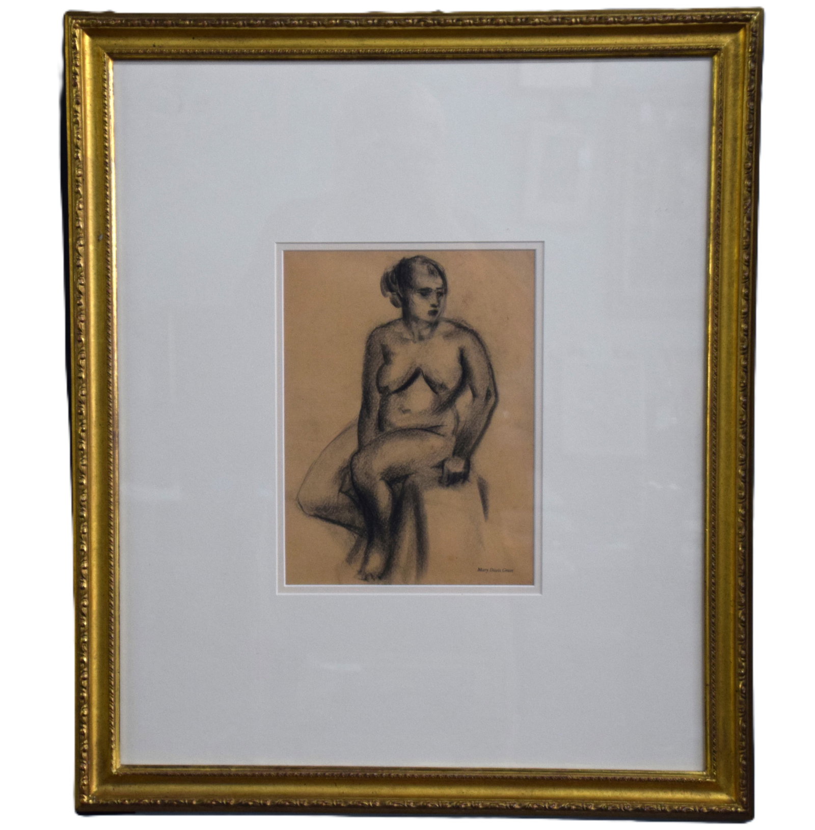 Mary Davis Greer Nude Drawing: 20th Century framed charcoal drawing on paper of a seated nude women by Mary Davis Greer, signed lower right. Dimensions: 11' x 8.5" Image size