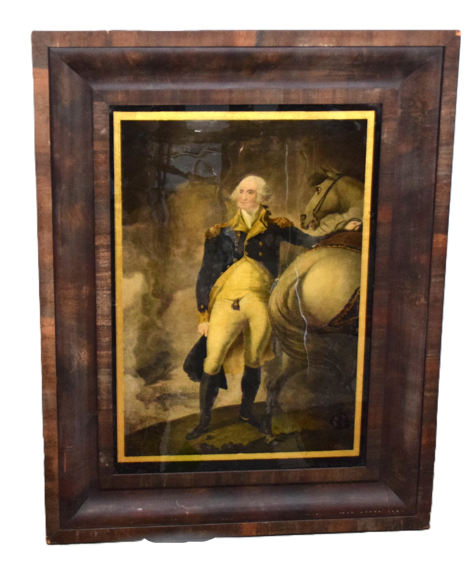 General George Washington Painting On Reverse Glass: Framed 19th century lithograph (Engraved by D. Needham) of General George Washington and his horse under glass with some painting on reverse glass. There was a newspaper attached to the back dated