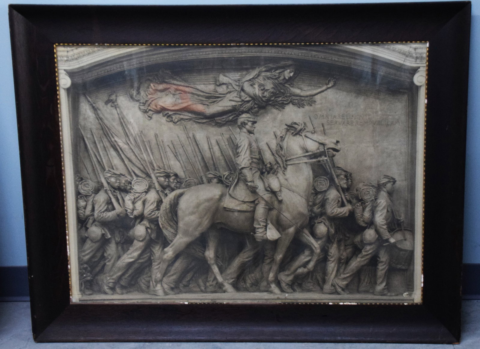 Famed Lithograph Of The 54the Mass Volunteer Regiment: Rare Antique circa 1890-1910 period framed Photograph of the 54th Mass Volunteer Regiment monument across from the MA State House led by Colonel Shaw as they proceed to Fort Wagner. Dimensions: 26" x