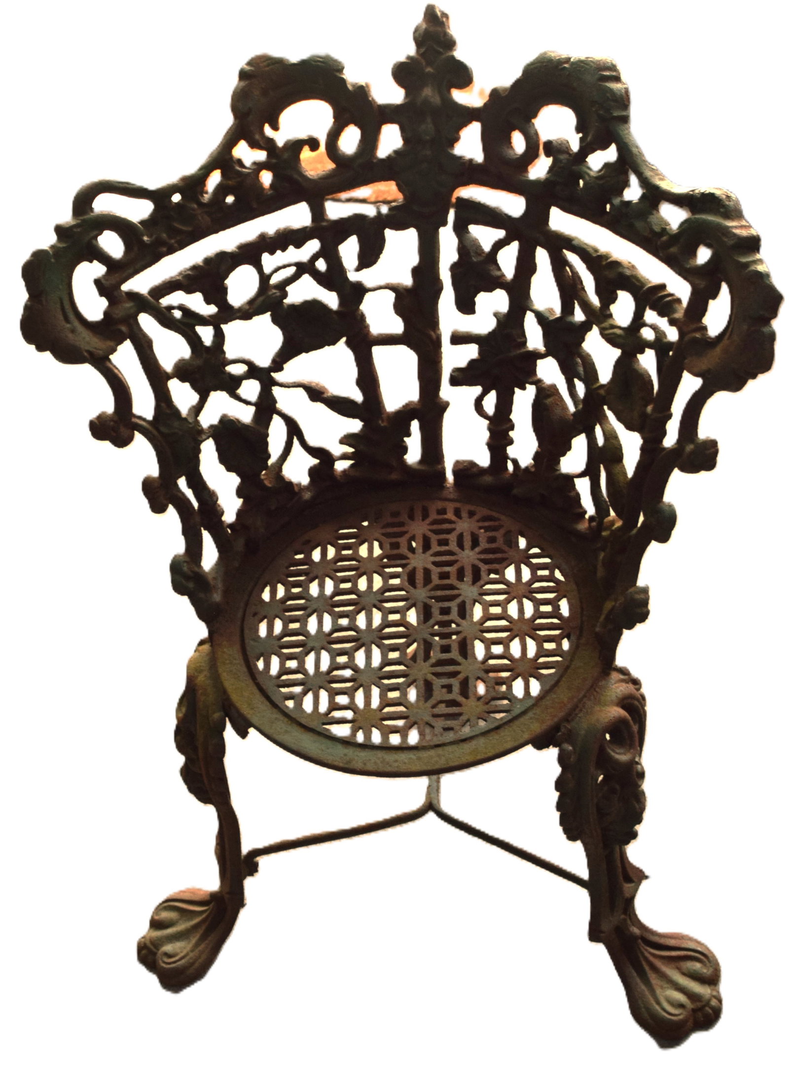 Victorian Garden Chair And Urn: Heavy cast iron vintage garden chair with good decorations along with a cast iron urn. Dimensions: 33" Chair H, 16" Seat H, 23" W