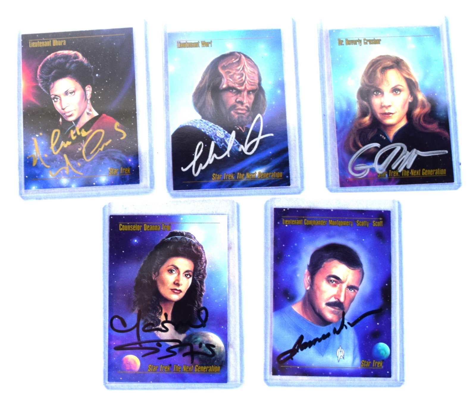 5 Signed 1993 Paramount Star Trek Cards: Five signed 1993 Paramount cards to include Lieutenant Uhra by Michelle Nichols, Lieutenant Worf by Michael Dorn, Lt Commander Montgomery "Scotty" Scott by James Doohan, Counsellor Deanna Troi by