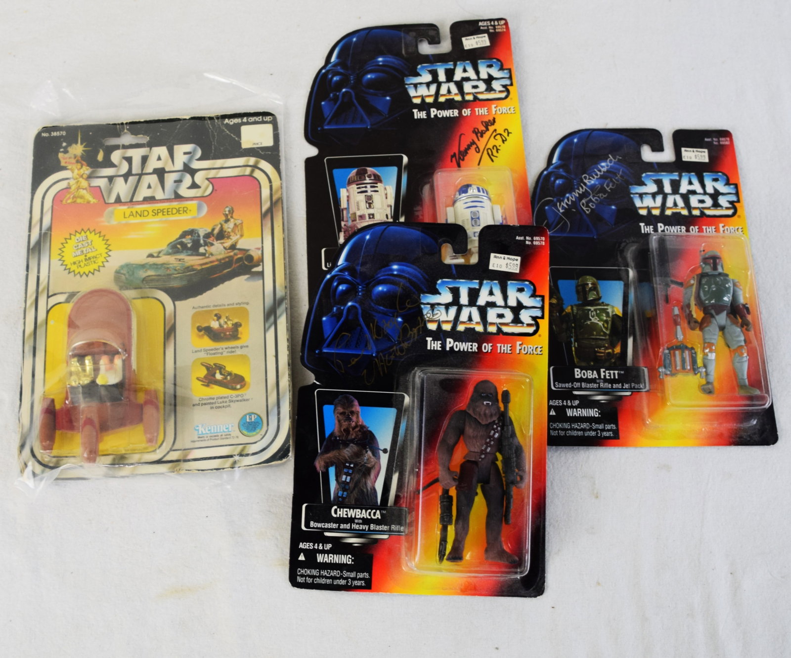 Star Wars Land Speeder Plus 3 Signed Action Figures: Original Star Wars Land Speeder with retail card, 1978 and 3 signed 1995 action figures including R2D2 by Kenny Baker, Chewbacca by Peter Mayhew and Boba Felt by Jeremy Bulloch
