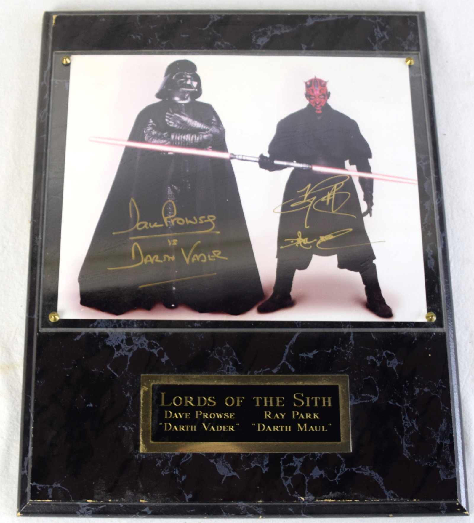Signed Star Wars Lords Of The Sith: Star Wars plaque of Lords Of Sith with signed photo of Dave Prowse (Ray Park) and Darth Vader (Darth Maul). Dimensions: 15" x 12"