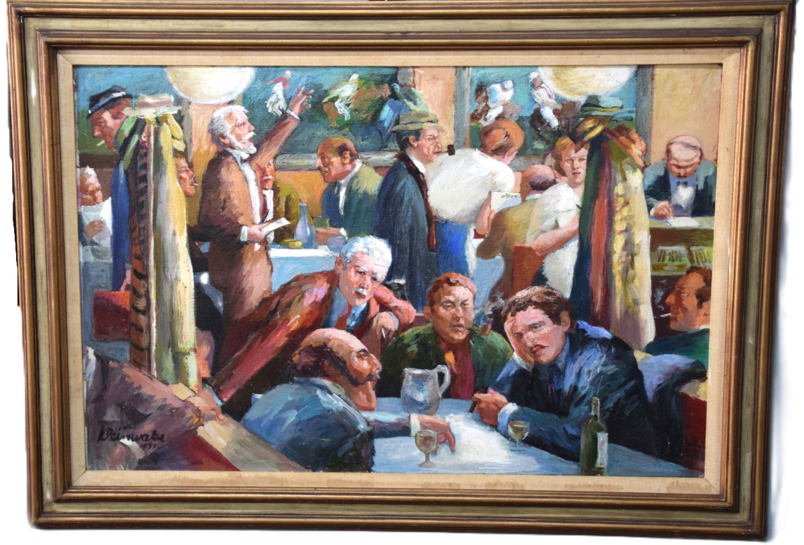 Allen Kleinwaks Oil Painting Of A Men's Club: Framed and signed oil painting on artist board of a men' club featuring polo being played while men having heated discussions and drinking. Signed Kleinwaks lower left. Cpl. Allen A. Kleinwaks