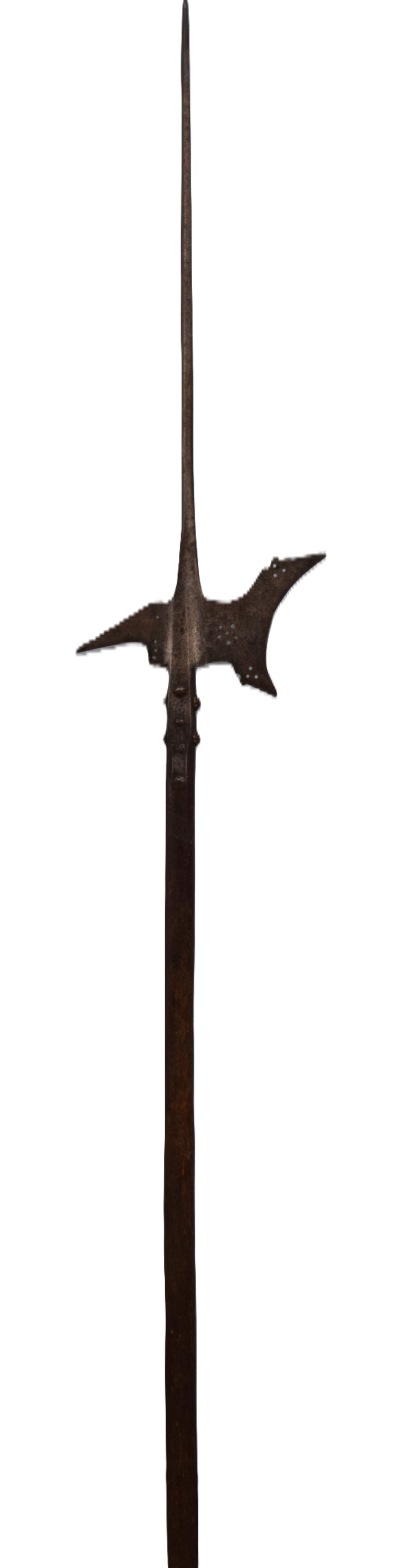 16th Century Thrusting Swiss Halberd: Broad thrusting blade with a concave axe blade and small hook. Very traditional pattern but with a significantly longer spear point. Four rivets to original pole. This pattern was used by early makers