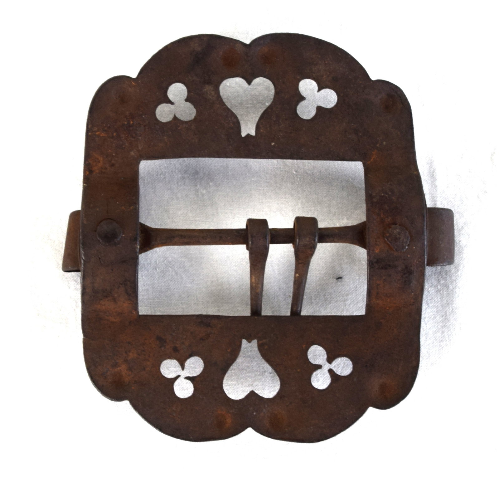 Puritan Belt Buckle: Early 17th Century large square iron belt buckle, gentleman's Puritan era belt buckle with heart and club pattern. Dimensions: 6" Square