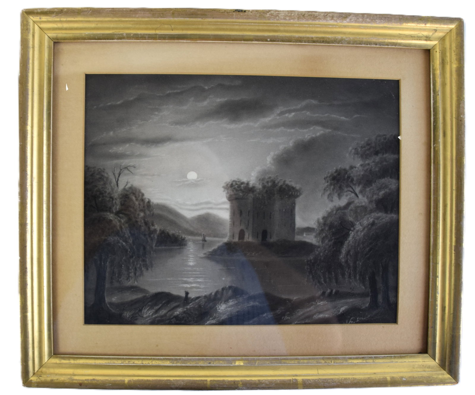 Artwork Lot: Charcoal drawing in a lemon gold frame of a building on an island, water and landscape 9" x 11"; along with two chromographs of the same young girl