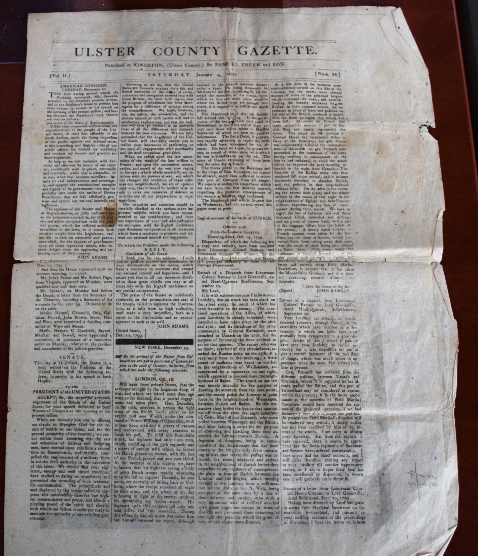 Ulster County Gazette Newspaper Jan 4, 1800 With President John Adams State Of The Union Address: Ulster County Gazette newspaper Jan 4, 1800 with President John Adams State Of The Union Address along with a description of the English Battle of Zurich. On the back page is a stout, healthy and acti