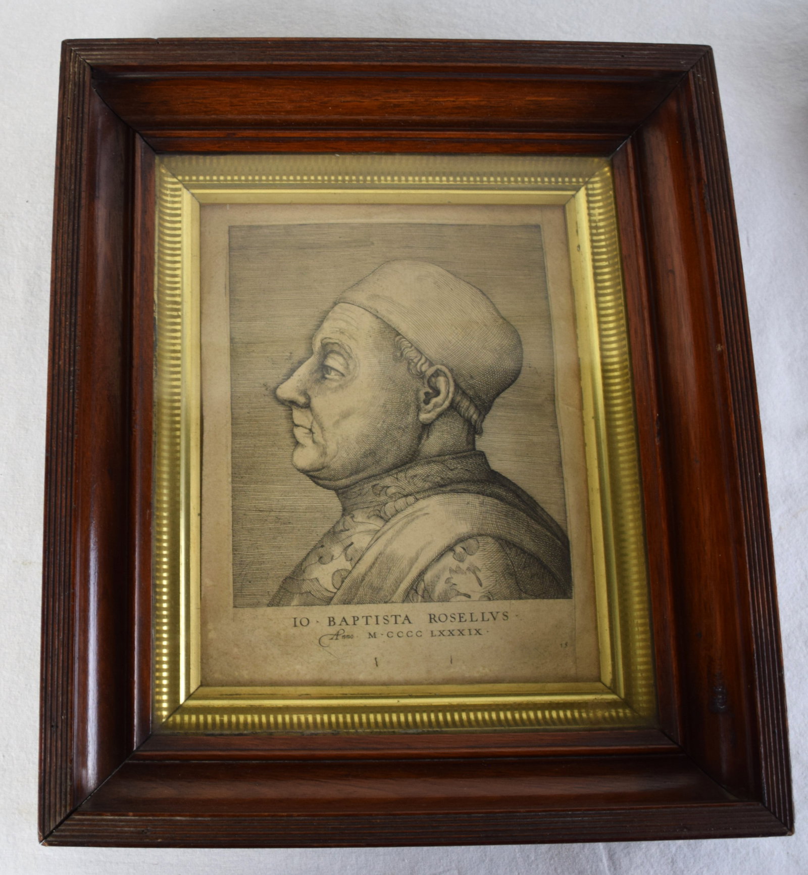 Engraving of Johannes Baptista Rosellus Circa 1566: Framed 16th-century portrait engraving of Johannes Baptista Rosellus (Giovanni Battista Roselli), a prominent Italian jurist and professor of civil law. The Roman numeral MCCCCLXXXIX translates to