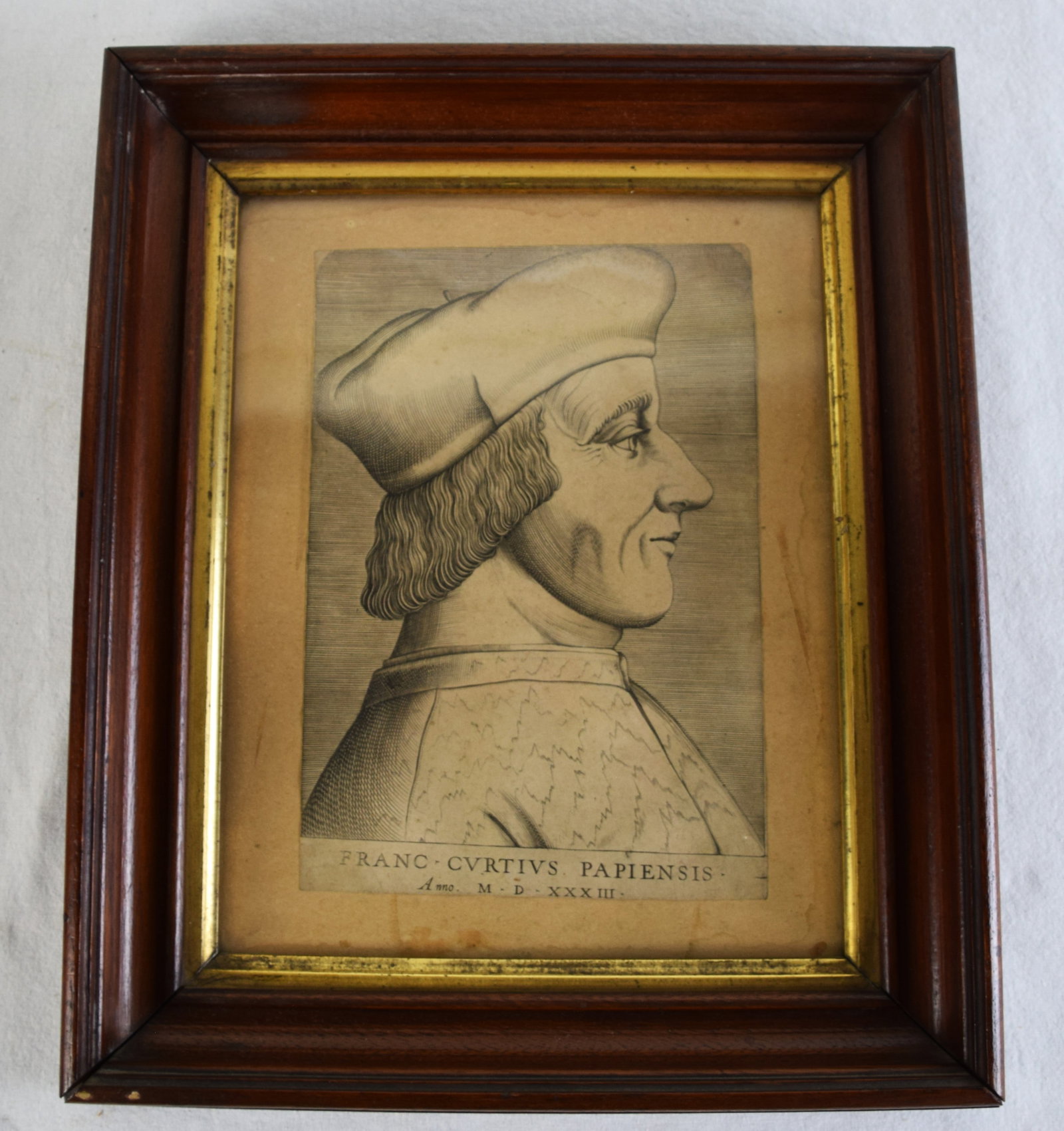 16th Century Engraving Of Francesco Coti: Framed 16th century engraving of Francesco Coti. The Latin name Franciscus Curtius Papiensis refers to Francesco Corti (the Younger) of Pavia, who was a celebrated 16th-century Doctor of Laws. The