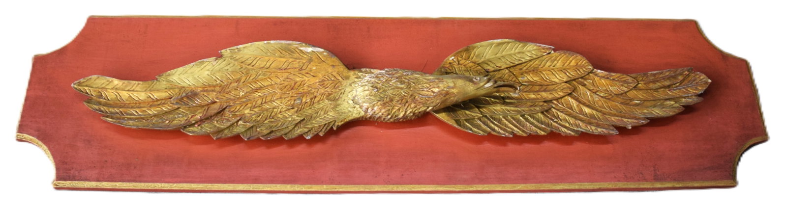 Large Carved Wooden Eagle: Large hand carved wooden spread wing eagle mounted on a board in the manner of Bellemy. Dimensions: 48.5" L of Eagle, 58" Overall