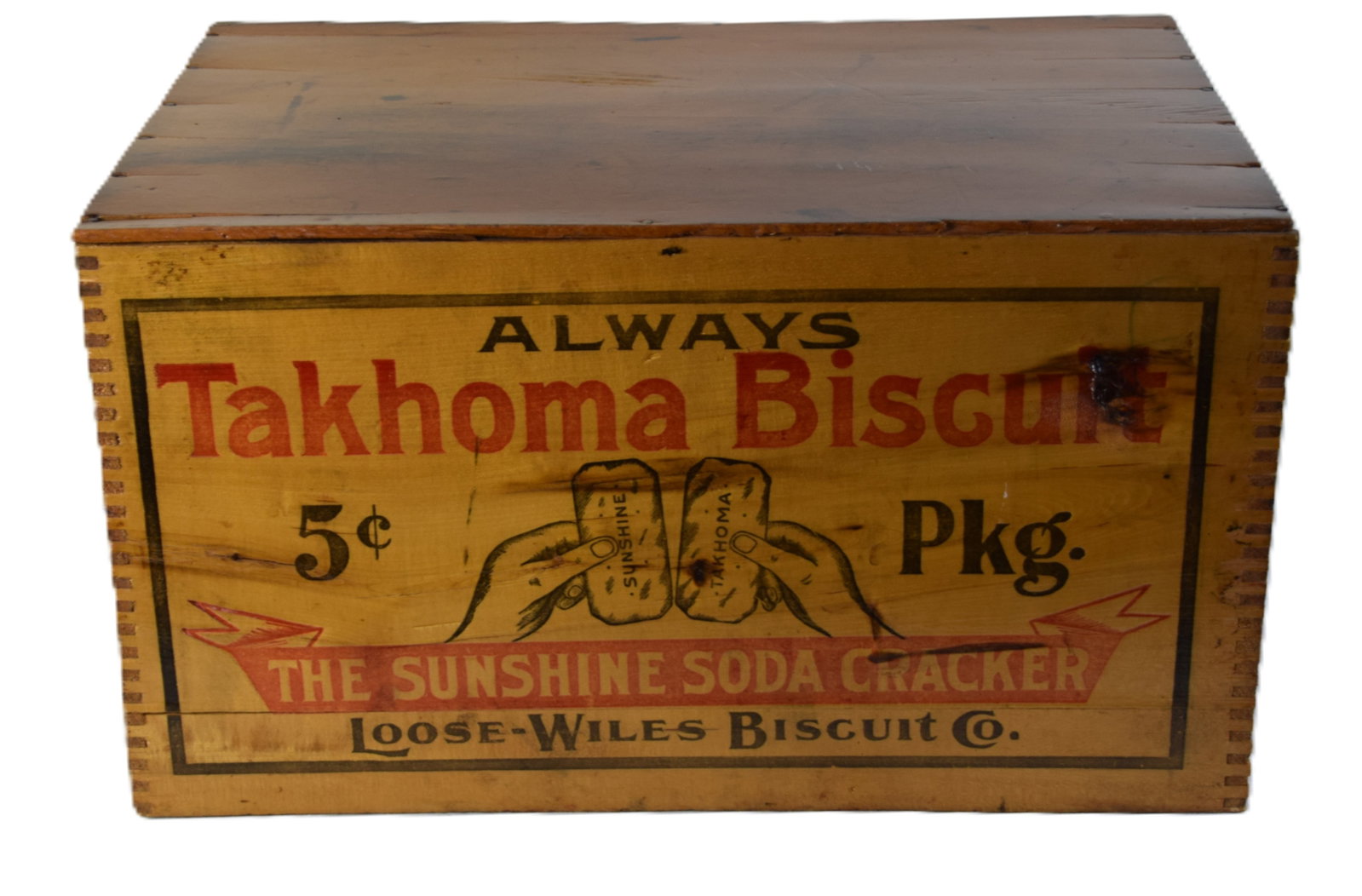 Country Advertising Box: Country wooded advertising box "Always Takhoma Biscuits" "The Sunshine Soda Cracker" by loose-Willer Biscuit Company. Dimensions: 12" H x 21.5" W x 14" D