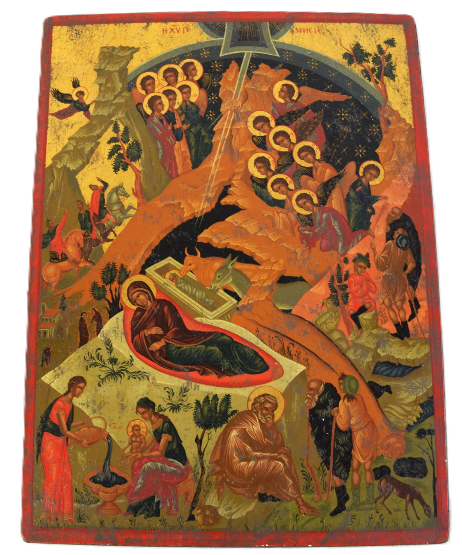 Russian Icon: 19th Century Russian icon with Mary and child in the center, angels in the upper right, saints in the upper left, three kings on horses on the left and other scenes. Dimensions: 16" x 12"