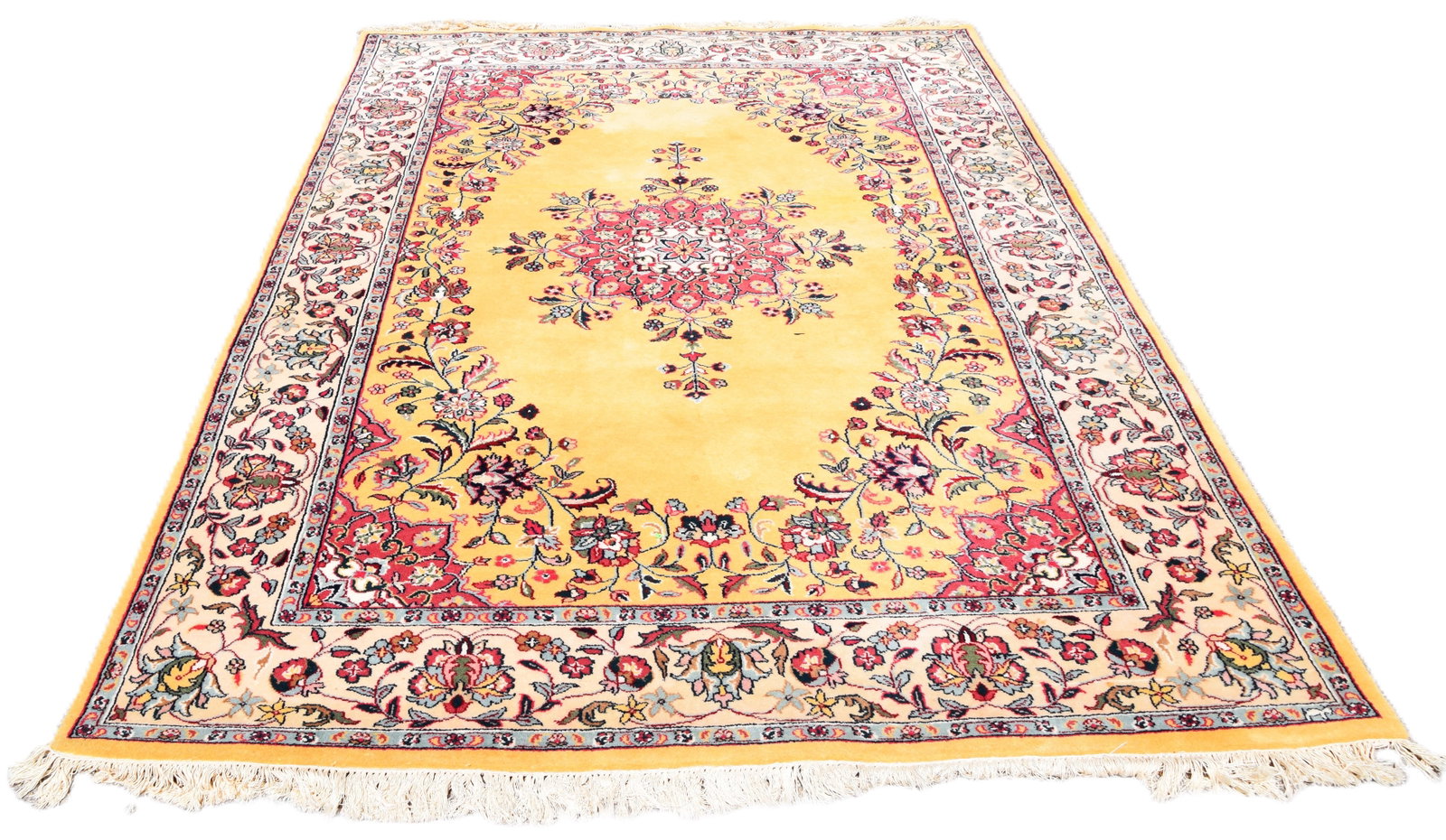 Oriental Scatter Rug: Oriental scatter rug with ivory, red and blue colors, multi-designs with center medallion and floral patterns. From a Salem NH Home. Dimensions: 4' x 6"2"